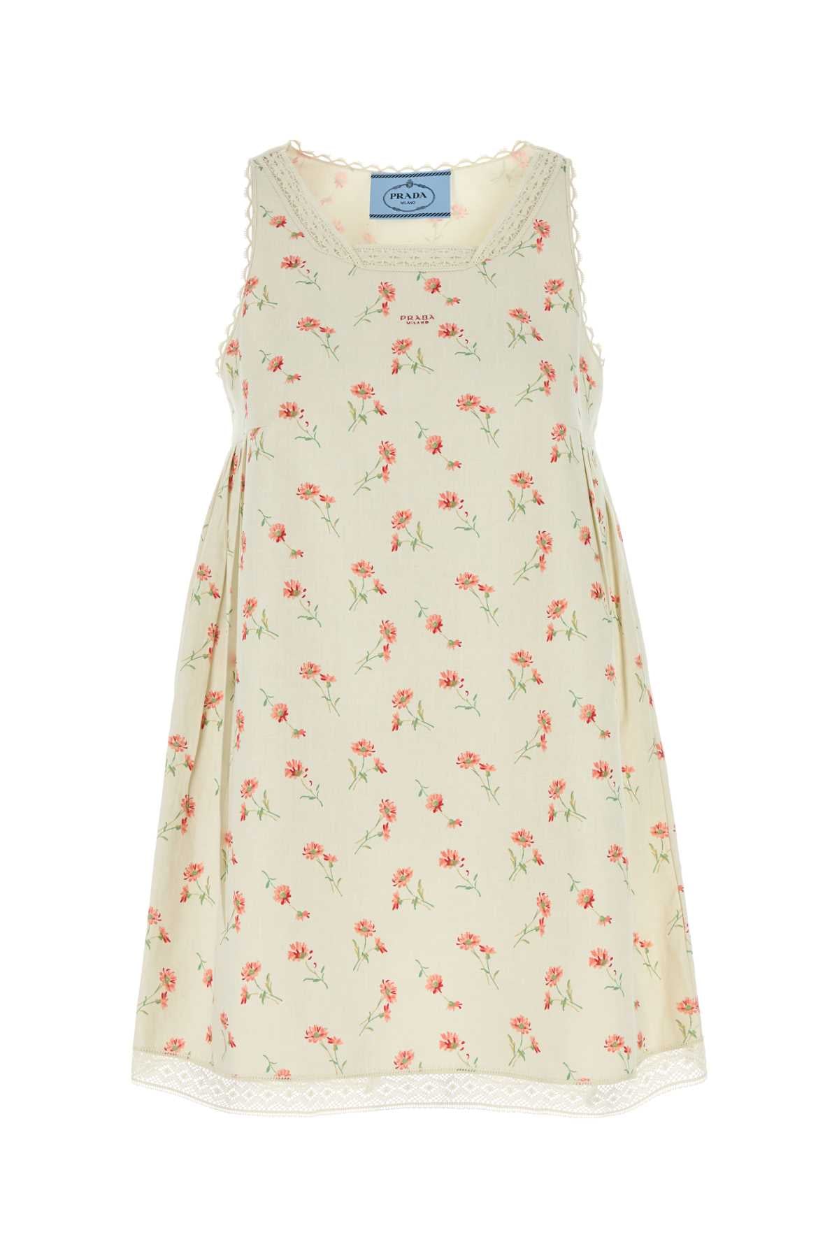 PRADA Floral Printed Linen Blend Mini Dress - Women's Fashion