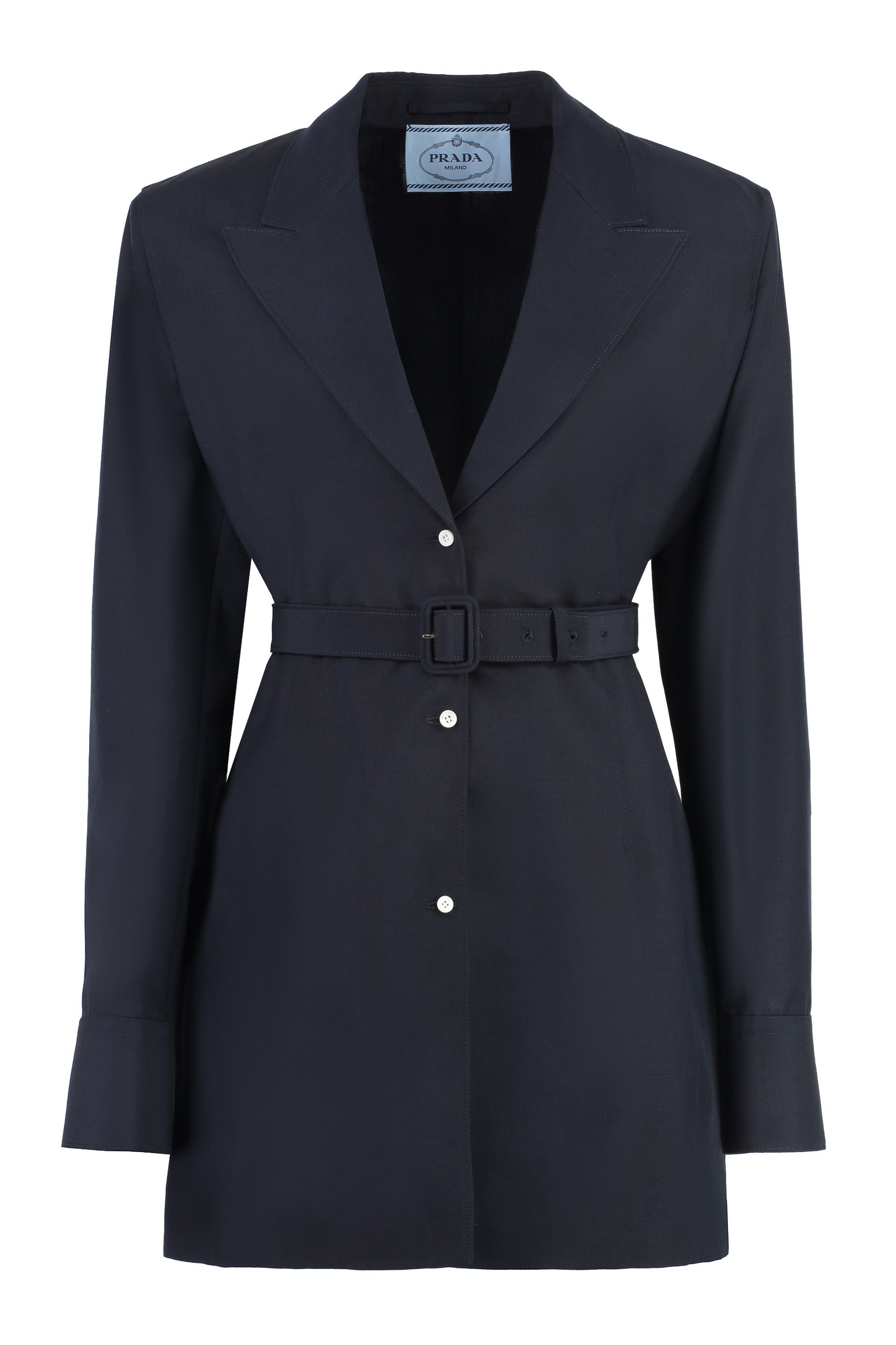 PRADA Wool and Mohair Blazer with Lapel Collar and Adjustable Belt