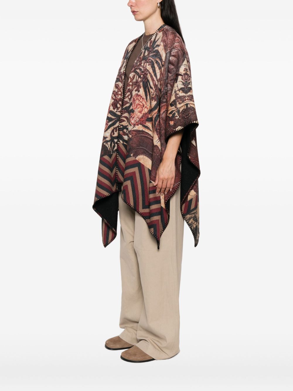 PIERRE LOUIS MASCIA Wool Printed Poncho with Zig-Zag Floral Pattern