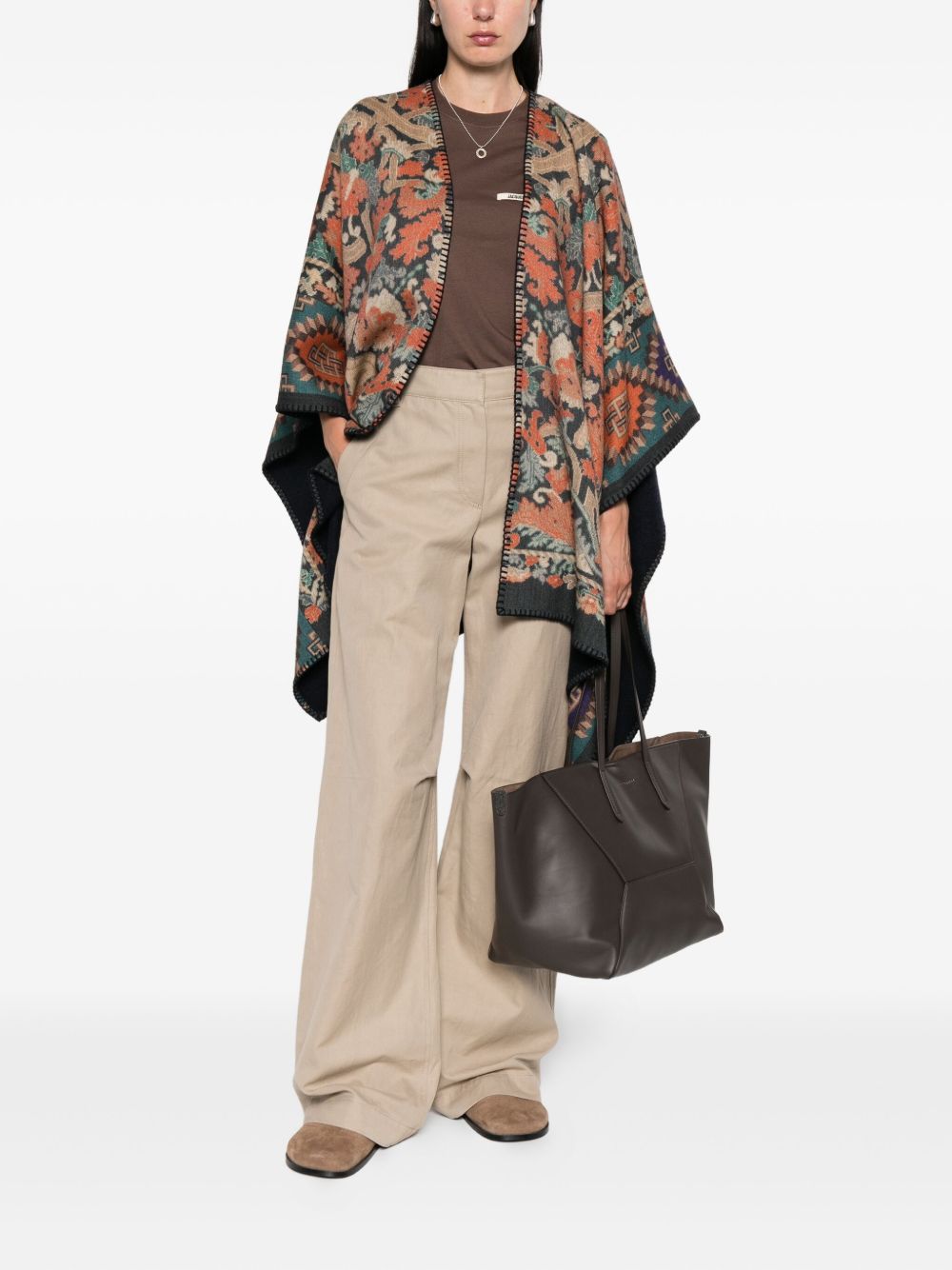 PIERRE LOUIS MASCIA Printed Wool Poncho with Scarf Collar and Fringed Edges