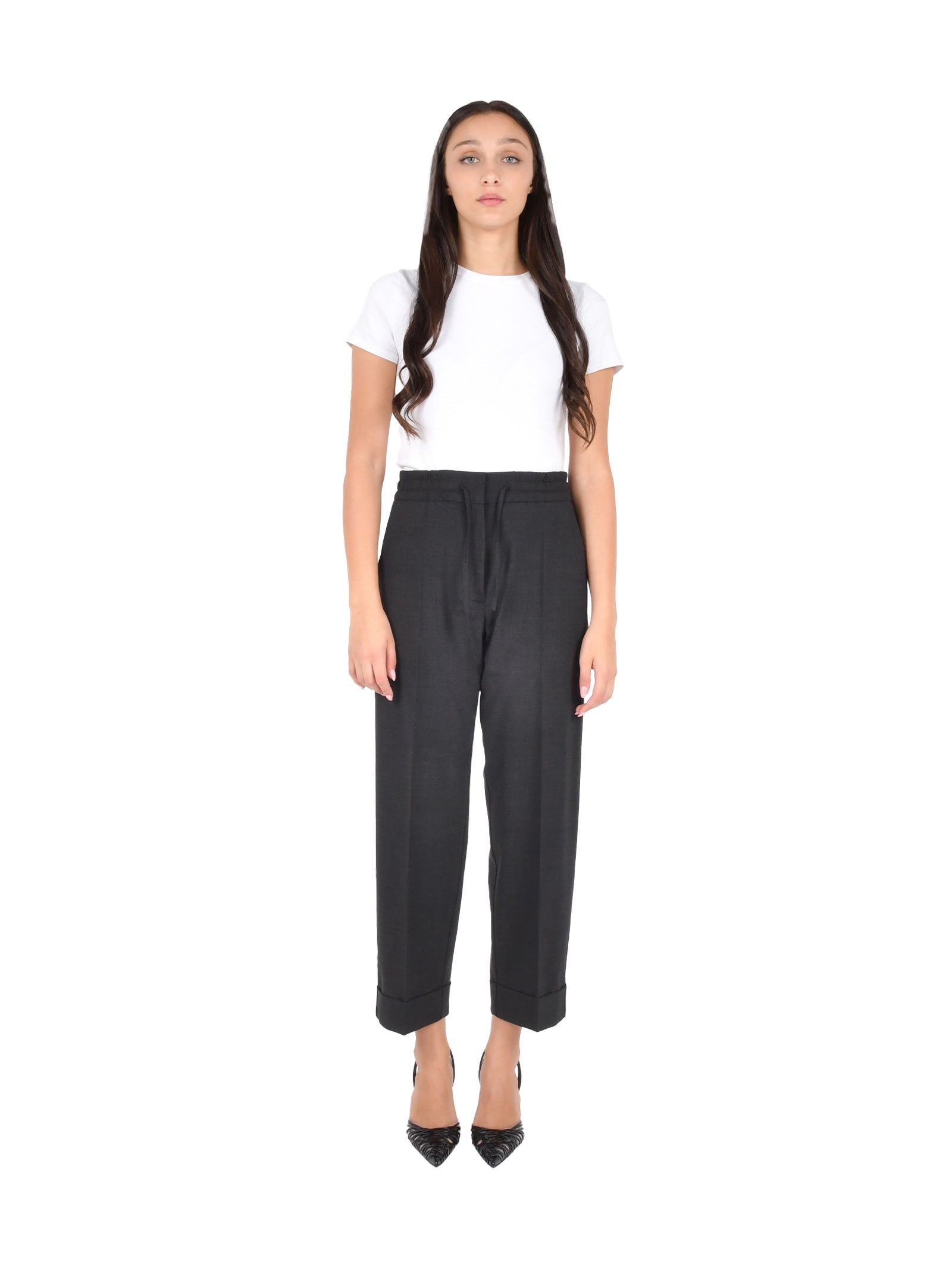 PAROSH Cropped Stretch Wool Trousers with Drawstring Waist for Women