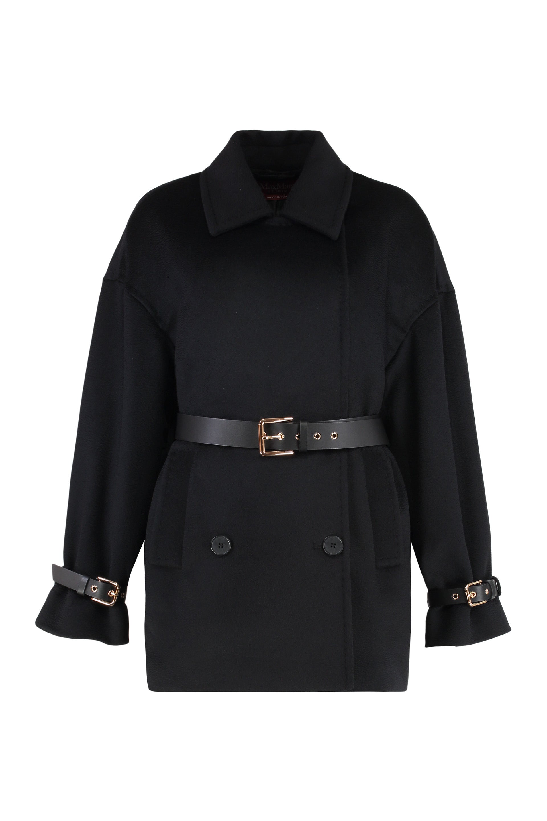 MAX MARA STUDIO Double-Breasted Virgin Wool Jacket with Waist Belt