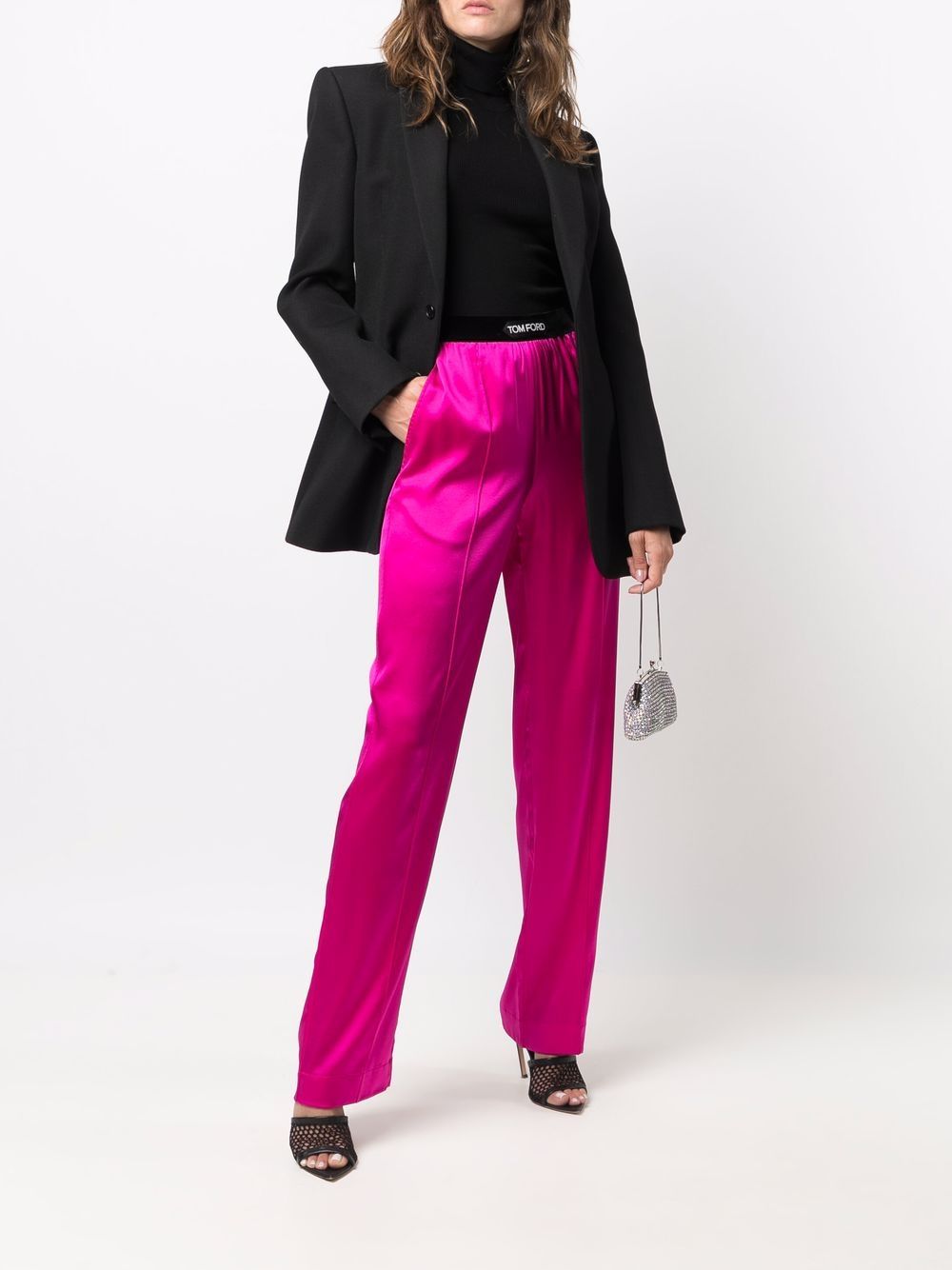 TOM FORD High-Waisted Silk Trousers with Velvet Trim