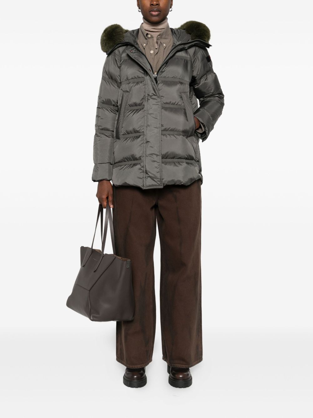 PEUTEREY Quilted Fur Trim Hooded Jacket for Women