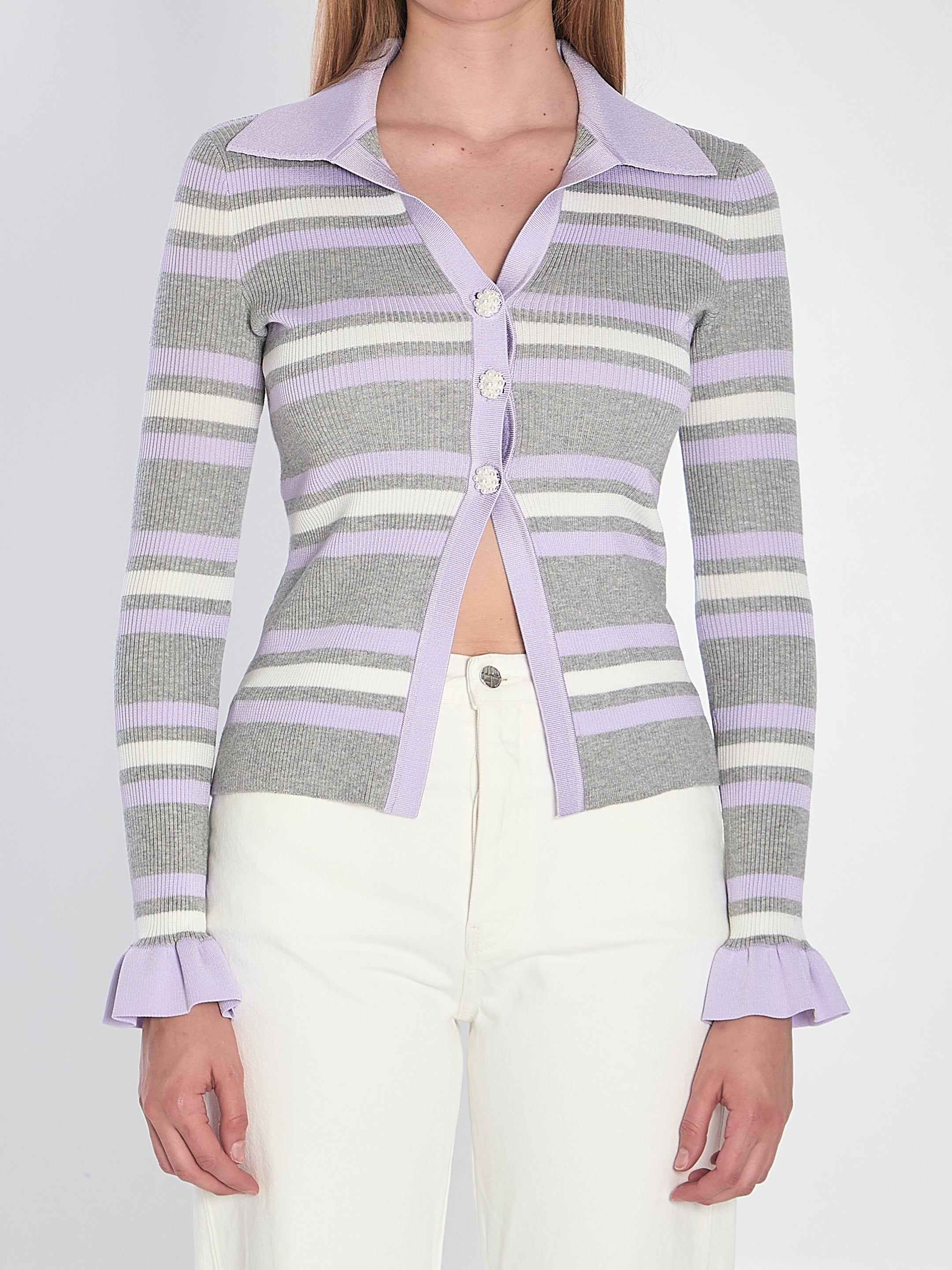 SELF-PORTRAIT Rib Knit Cardigan with Diamond Buttons and Flared Sleeves - Size S