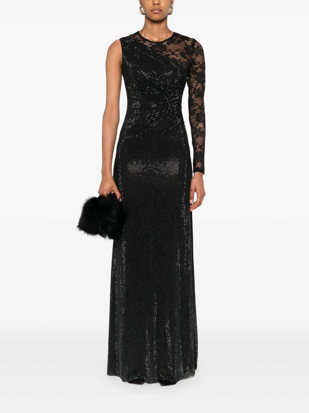SELF-PORTRAIT One-Shoulder Long Dress with Lace and Rhinestone Sleeves Size 6