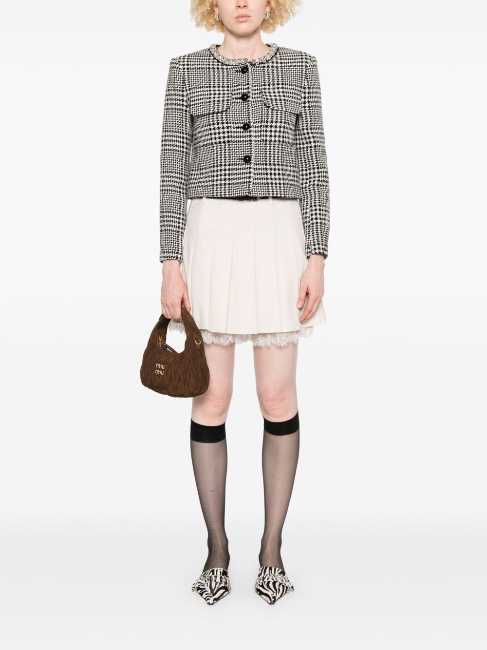 SELF-PORTRAIT Cropped Checkered Design Wool Blend Jacket