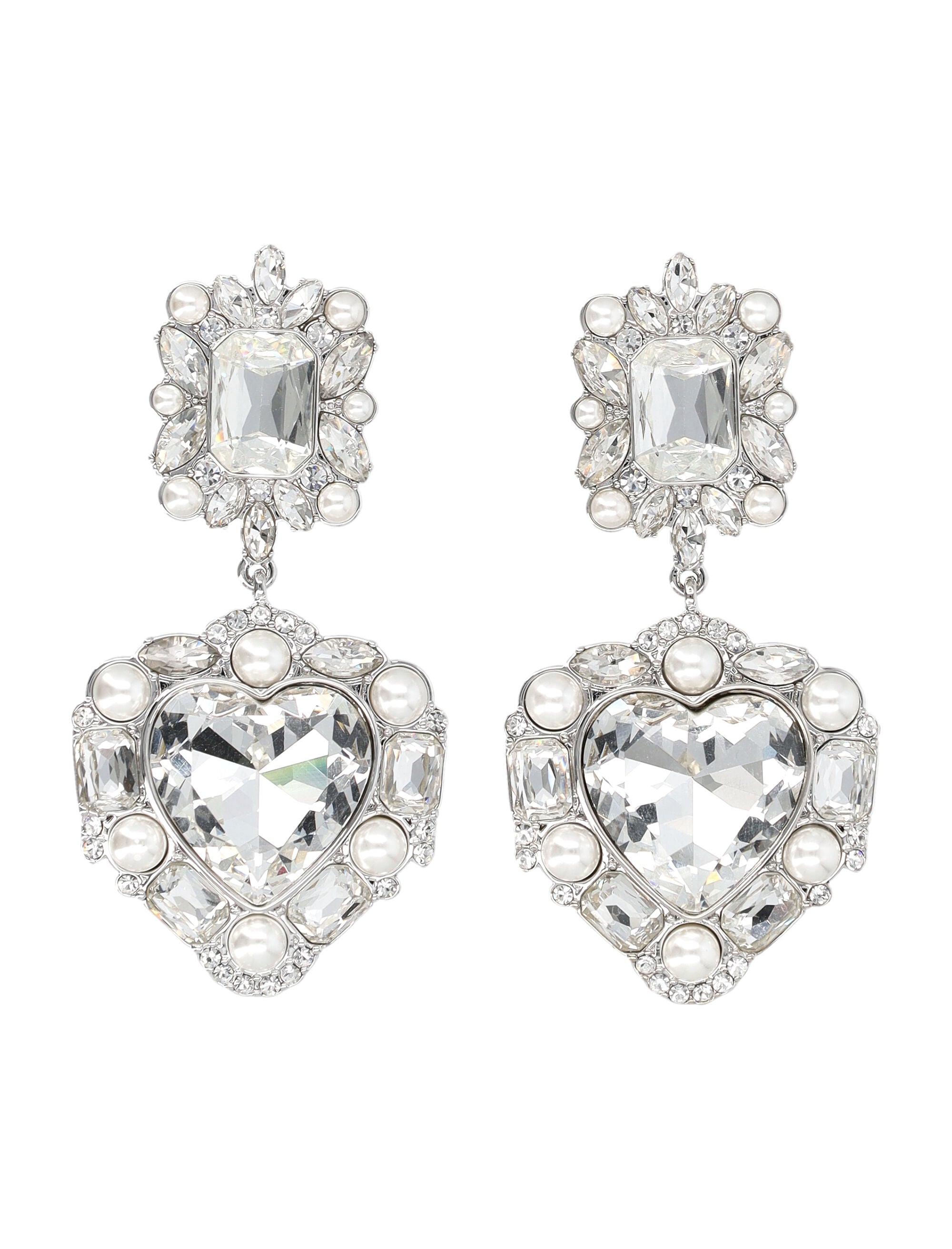 SELF-PORTRAIT Crystal Pearl Tiered Heart Earrings - 3.8 cm x 6.8 cm