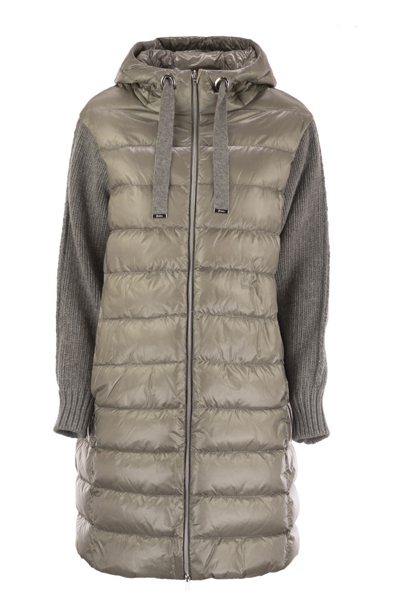 HERNO Ultralight Long Down Jacket with Wool Knit Sleeves