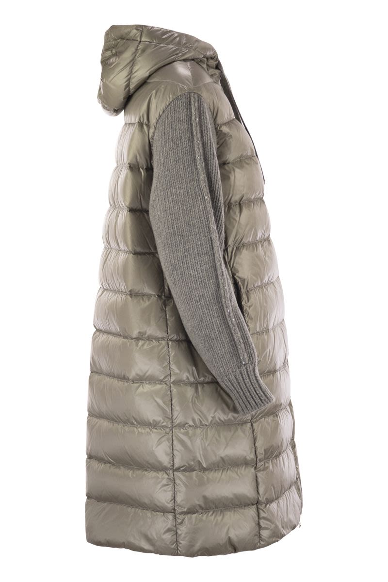 HERNO Ultralight Long Down Jacket with Wool Knit Sleeves