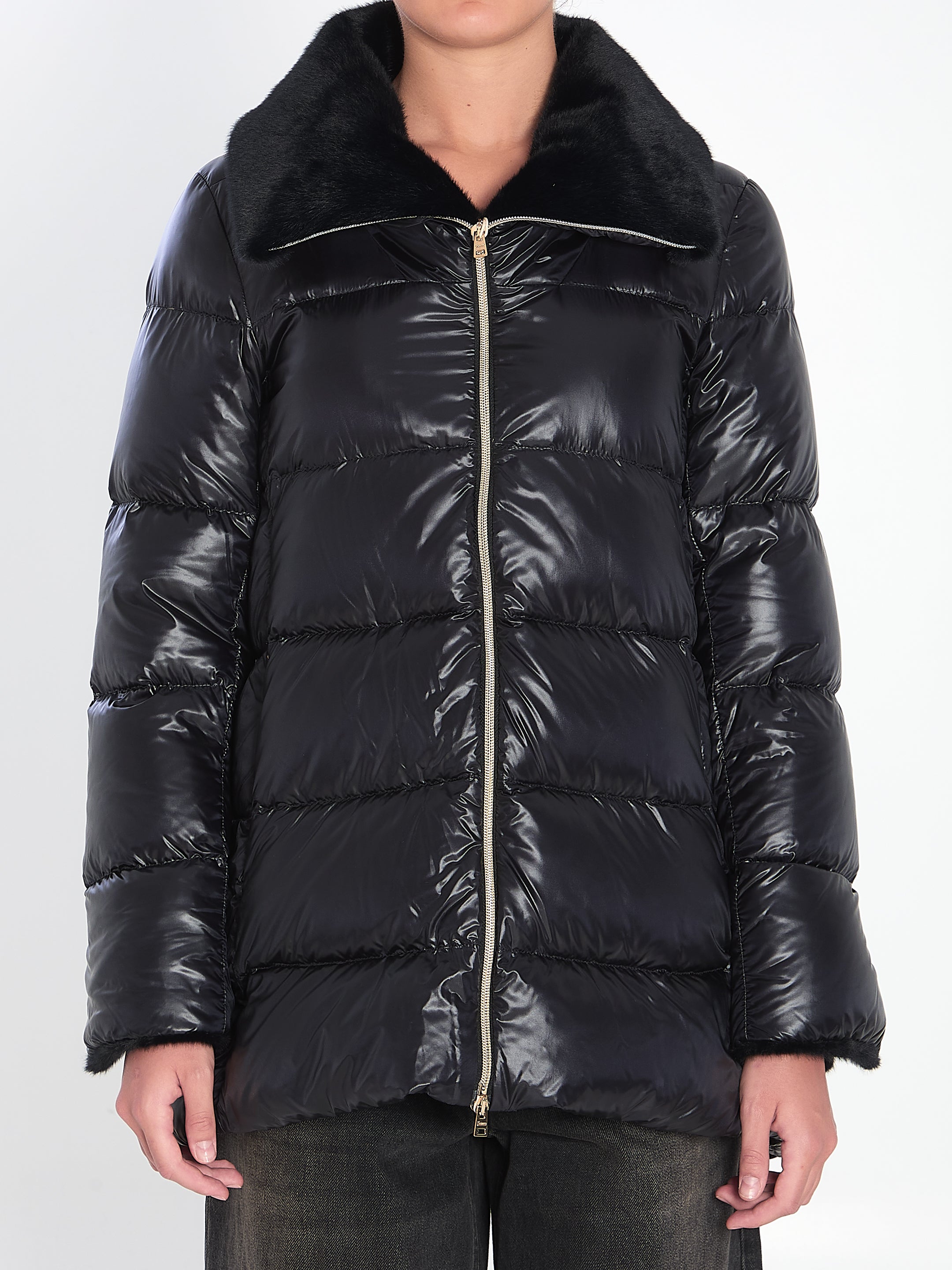HERNO Mid-Length Light Puffer Jacket with Fur Collar - Size 40