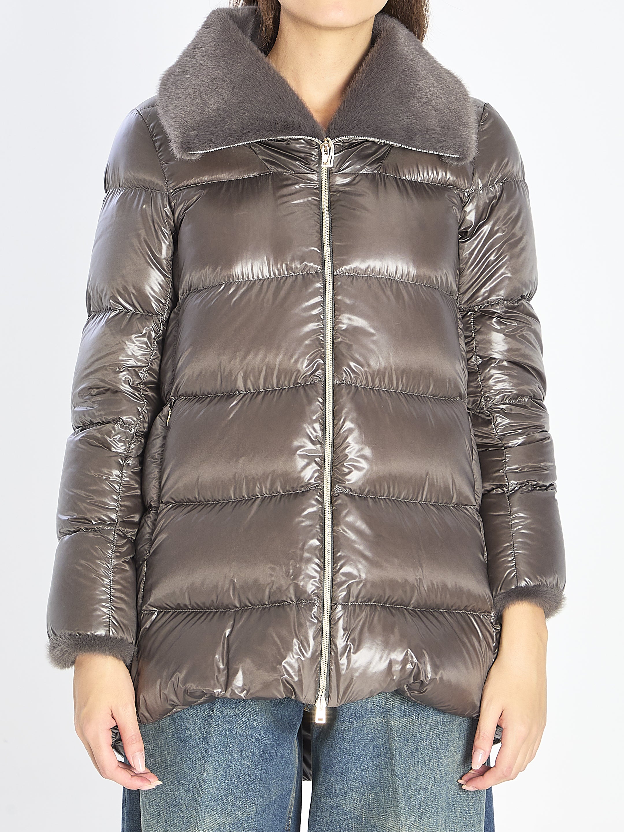 HERNO Mid-Length Light Puffer Jacket with Fur Collar - Size 40
