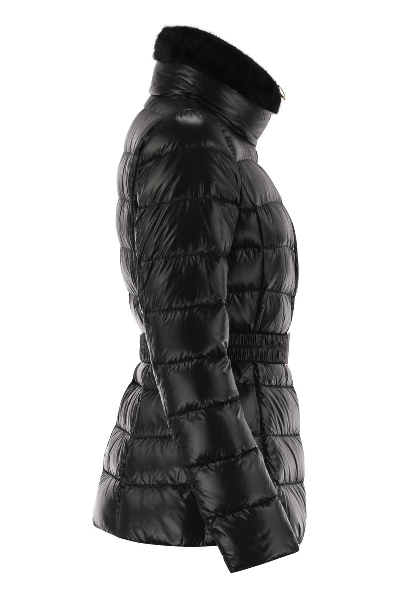HERNO Ultralight Nylon Down Jacket with High Collar and Faux Fur Trim