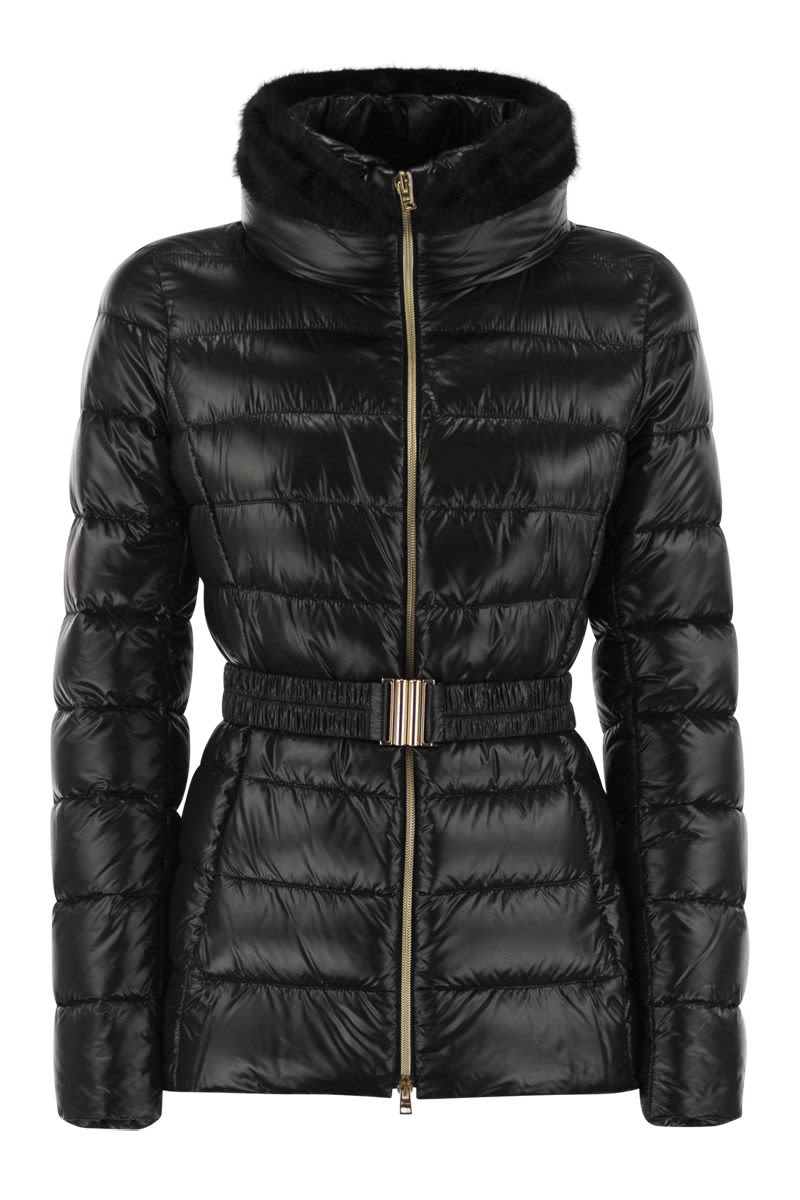 HERNO Ultralight Nylon Down Jacket with High Collar and Faux Fur Trim