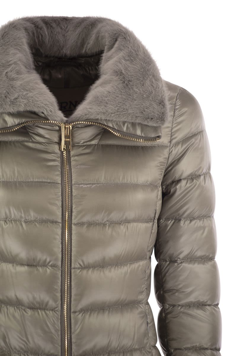 HERNO Slim Fit Long Down Jacket with Faux Fur Collar