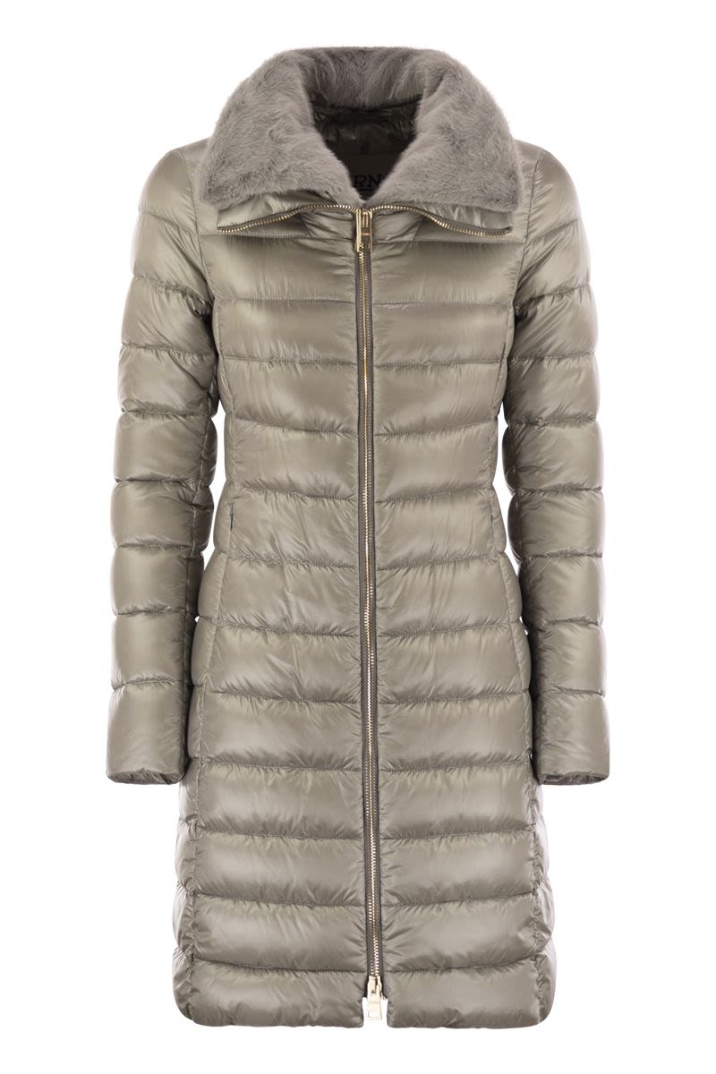 HERNO Slim Fit Long Down Jacket with Faux Fur Collar