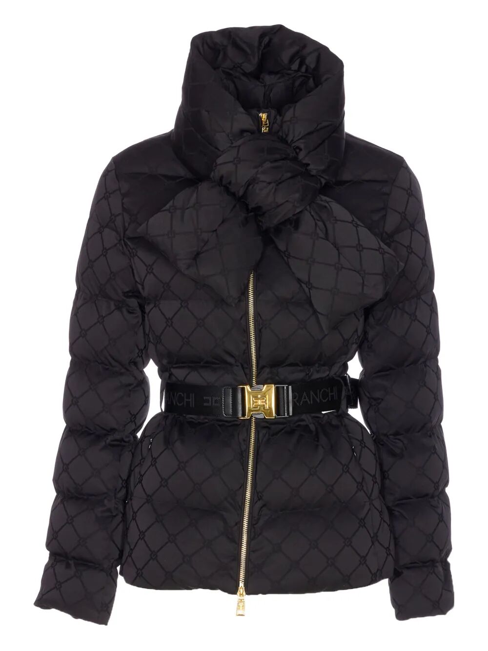 ELISABETTA FRANCHI Jacquard Sail Fabric Down Jacket with Belt