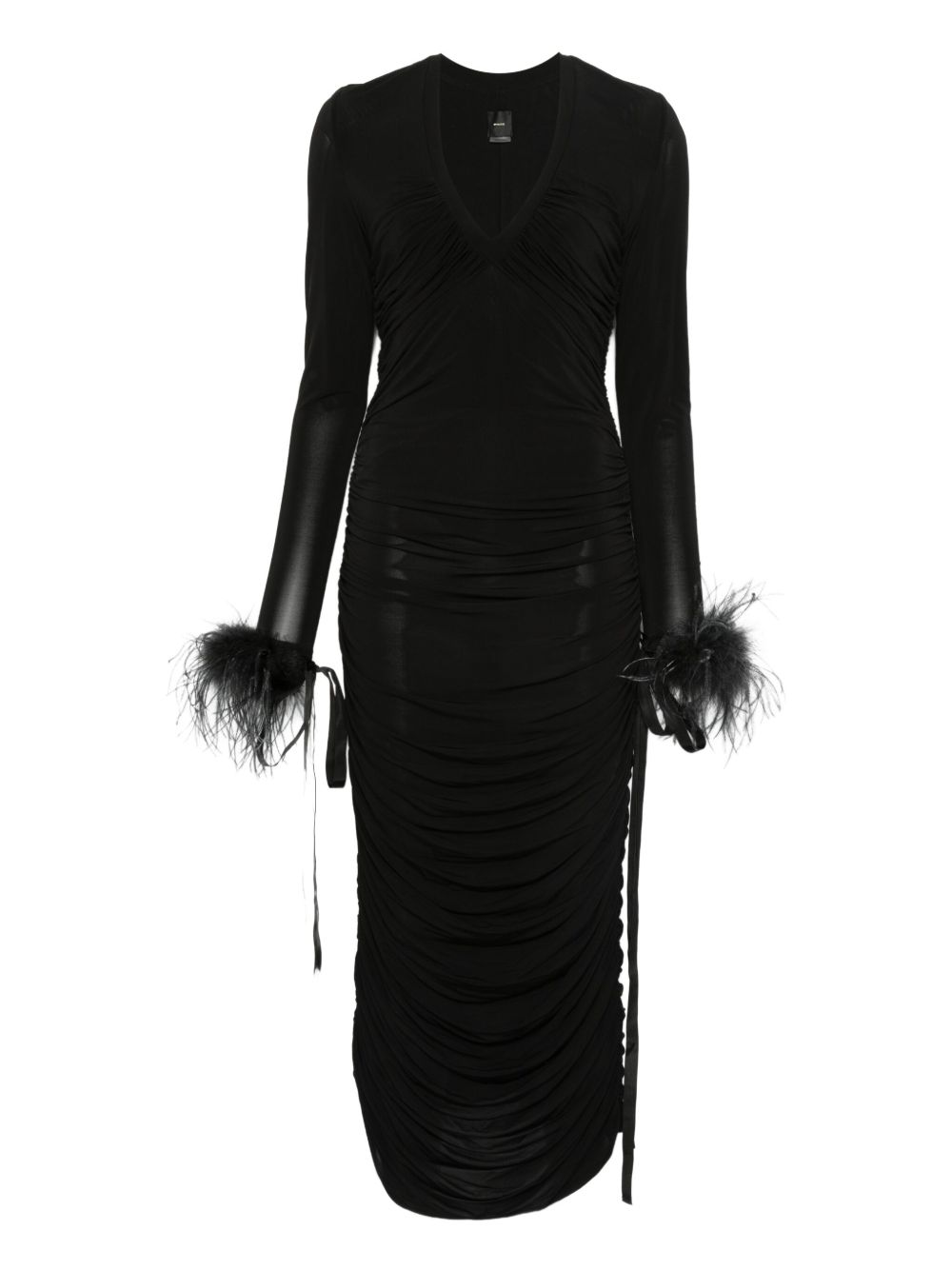 PINKO Draped Midi Dress with Ostrich Feather Cuffs