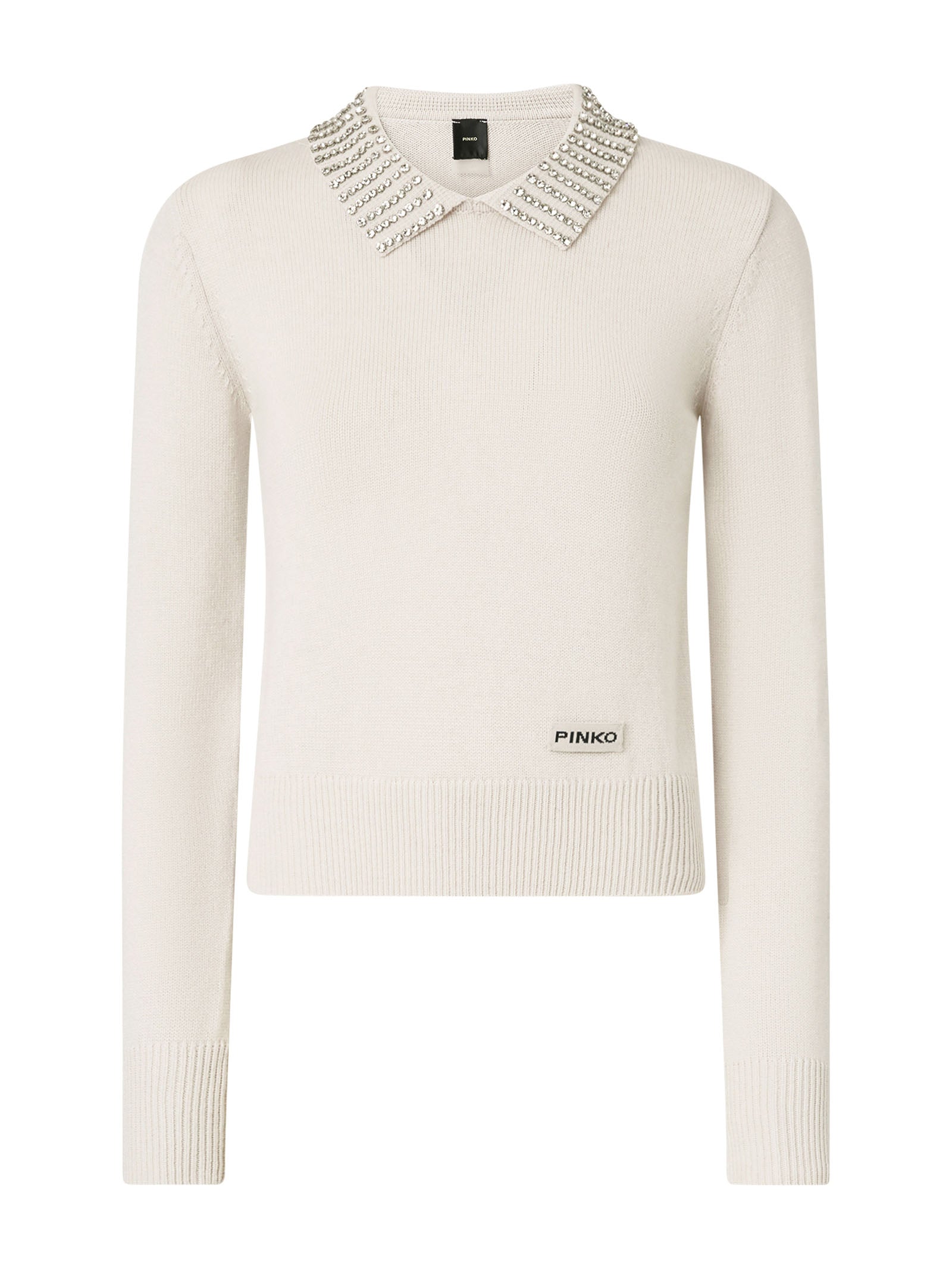 PINKO Fitted Sweater with Rhinestone-Embellished Polo Collar