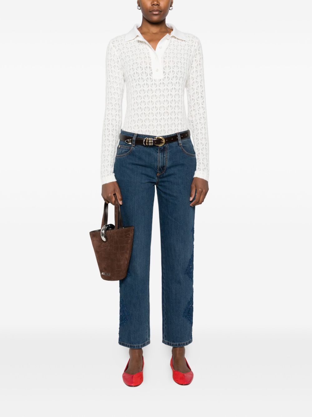 PINKO Chic Long Sleeve Lace Bodysuit with Polo Collar