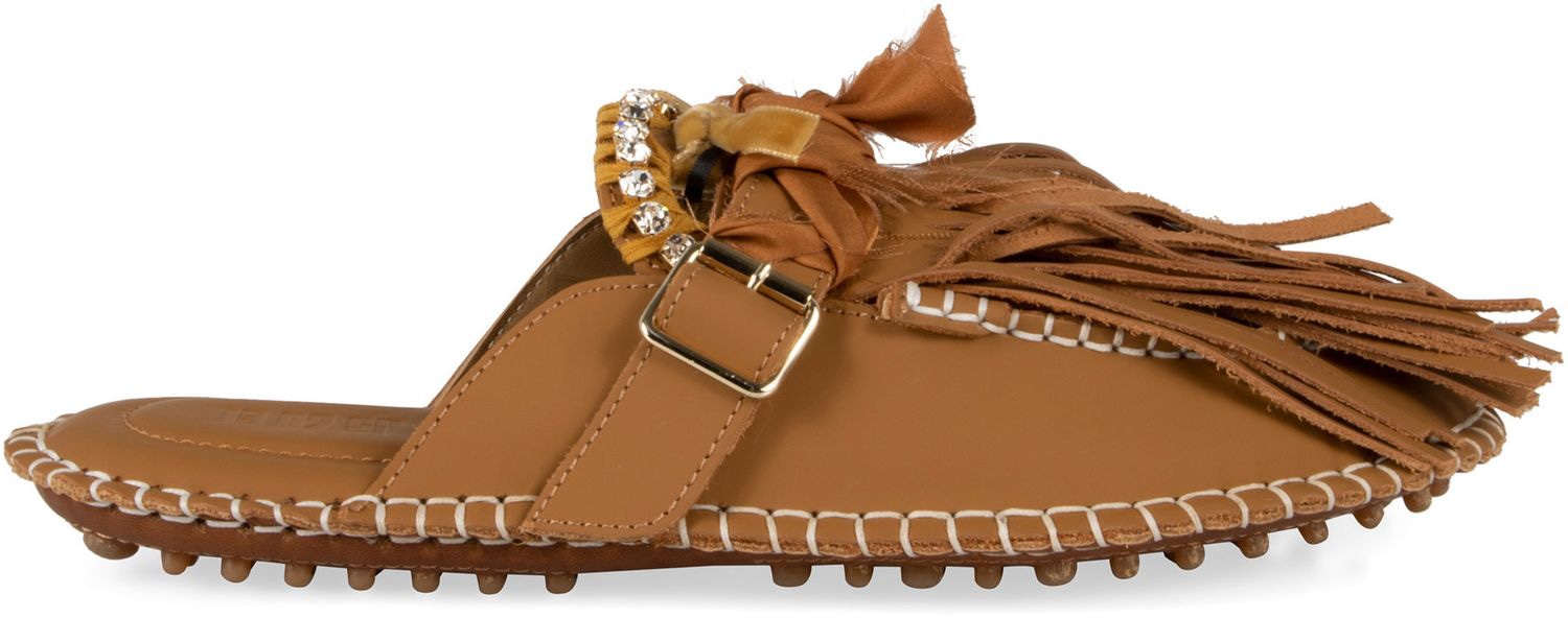 13 09 SR Fringed Faux Leather Flat Sandals