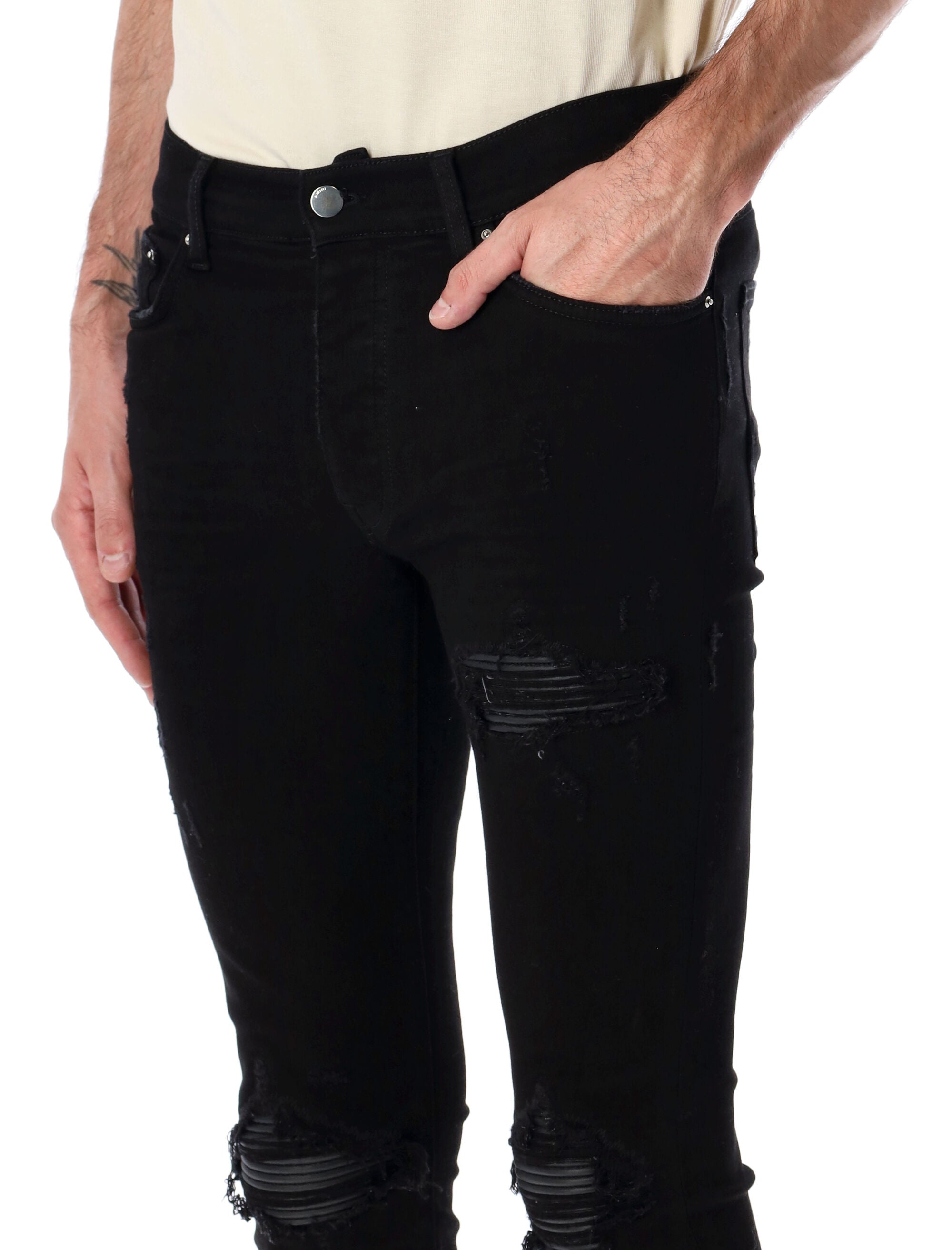 AMIRI Slim Fit Italian Stretch Denim Jeans with Leather Inserts - Size 32