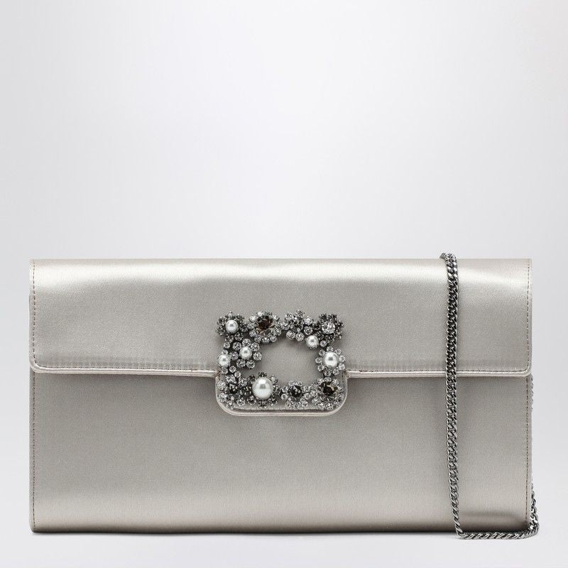 ROGER VIVIER Mini Satin Clutch Handbag with Jewel Buckle and Chain Strap