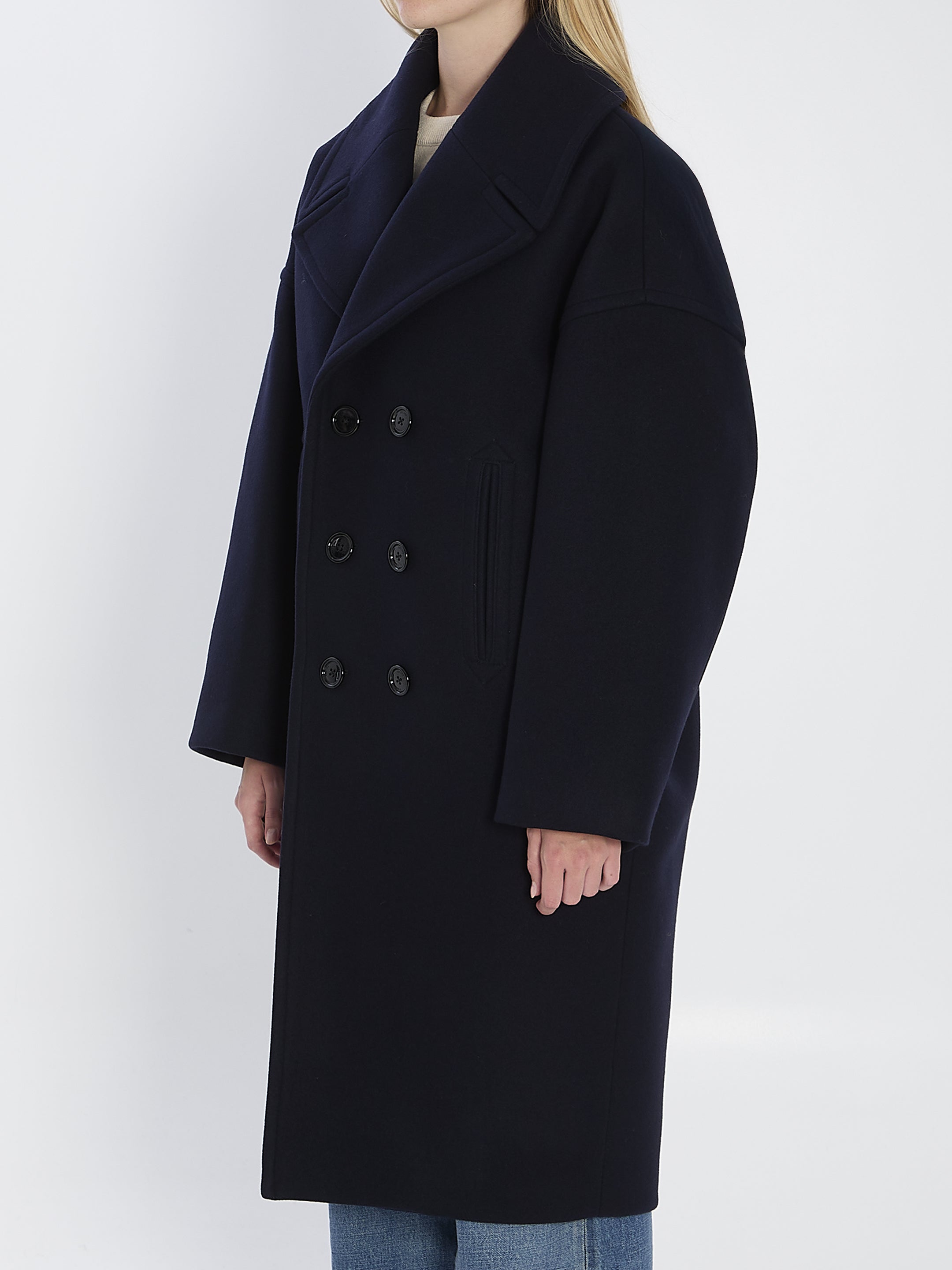 CELINE Double-Breasted Wool Peacoat with Notch Lapel