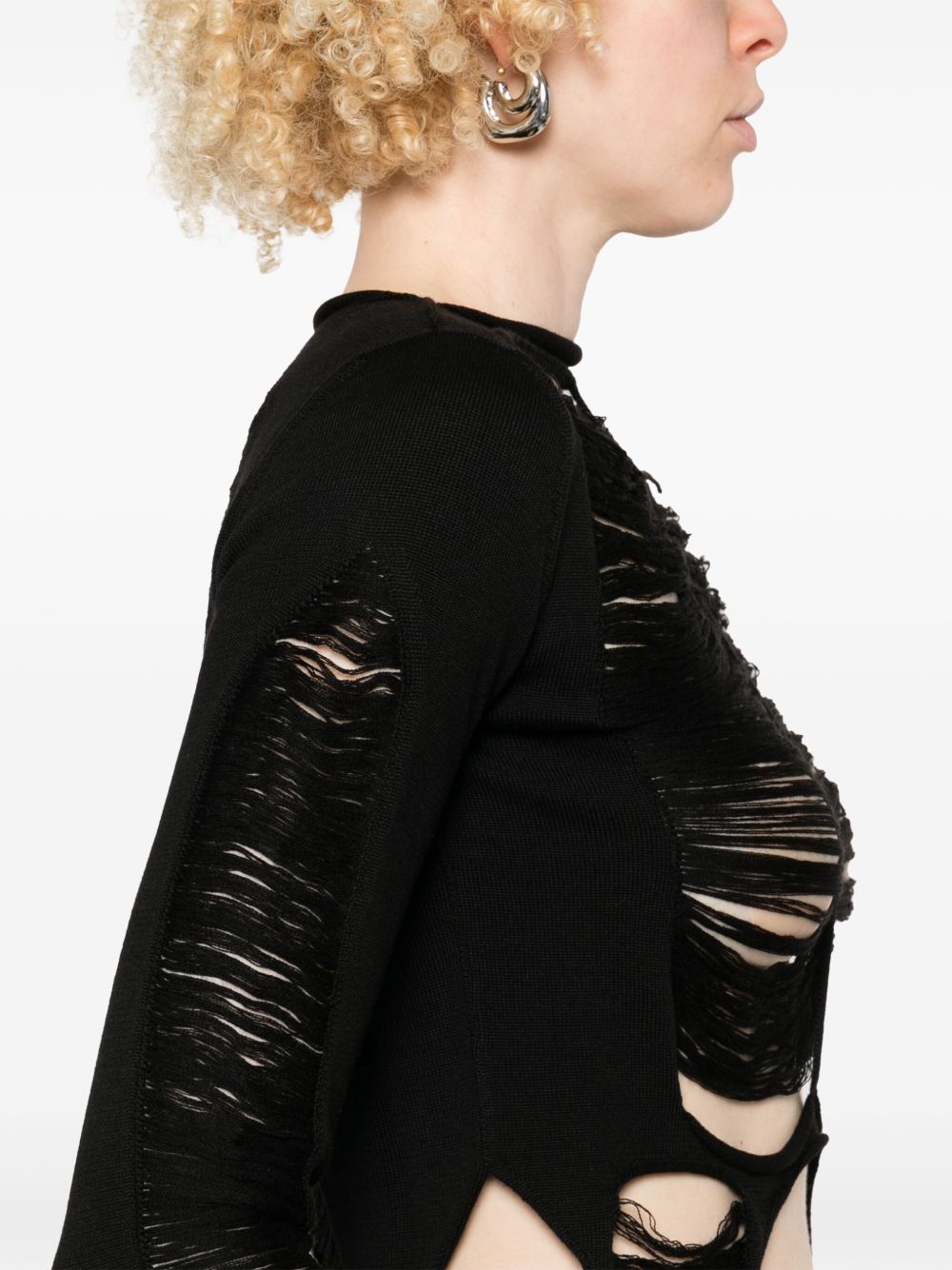 RICK OWENS Distressed Wool Top with Slash Neck - Women's Long Sleeves