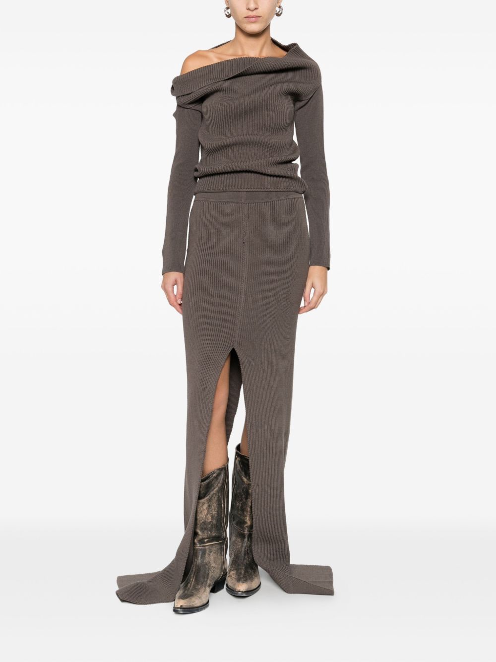 RICK OWENS High-Waisted Wool Long Skirt with Slit Detail