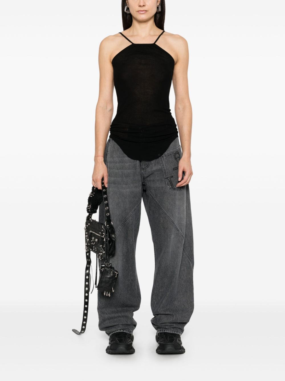 RICK OWENS Silk Top with Spaghetti Straps and Raw-Cut Hem