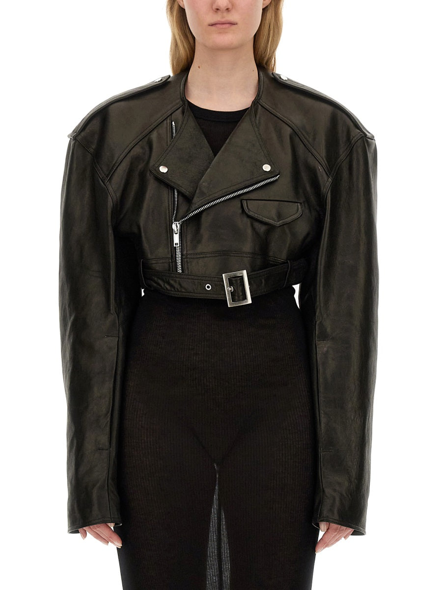 RICK OWENS Cropped 100% Lamb Leather Biker Jacket - Size 40