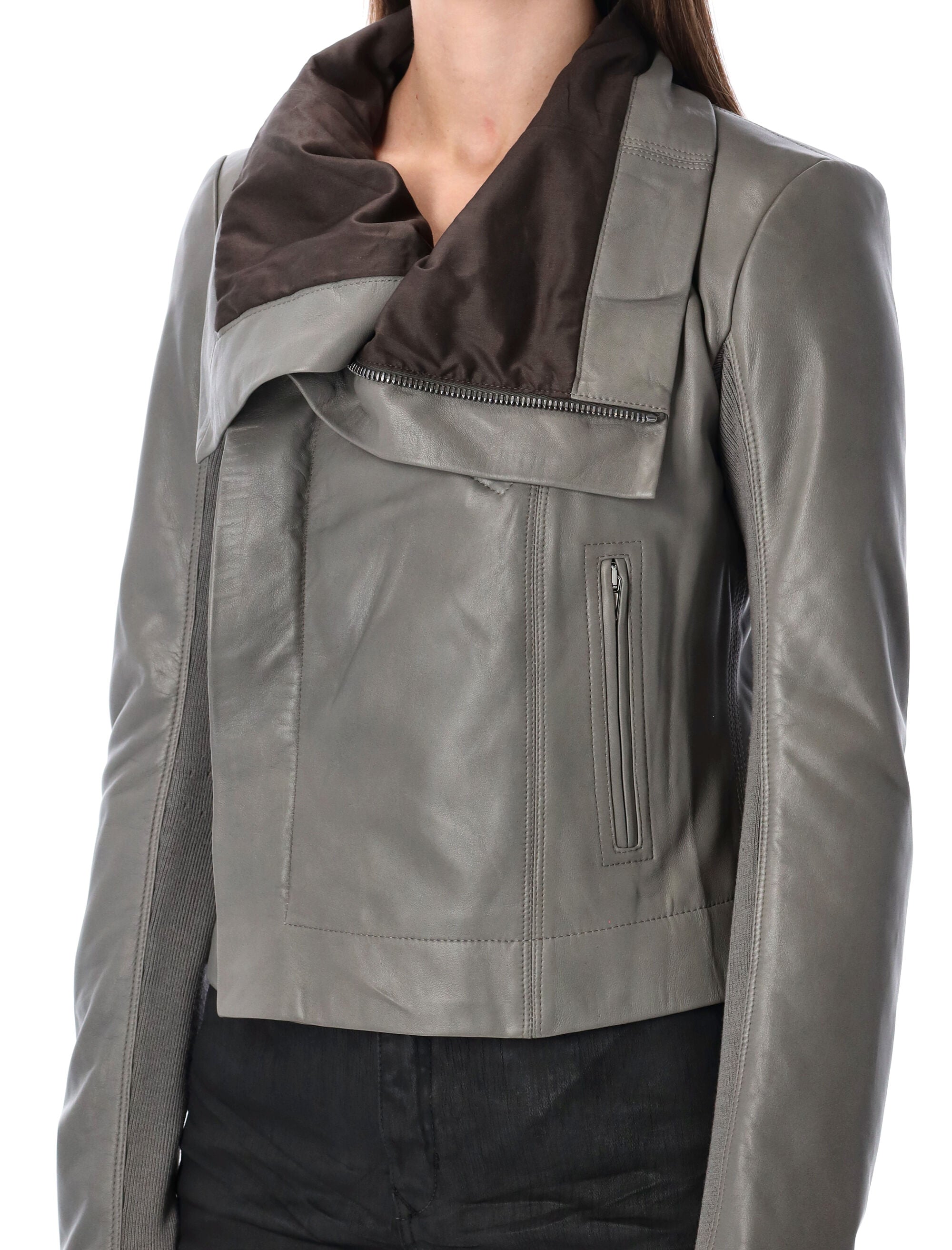 RICK OWENS Lamb Leather Jacket with Draped Collar - Size 42