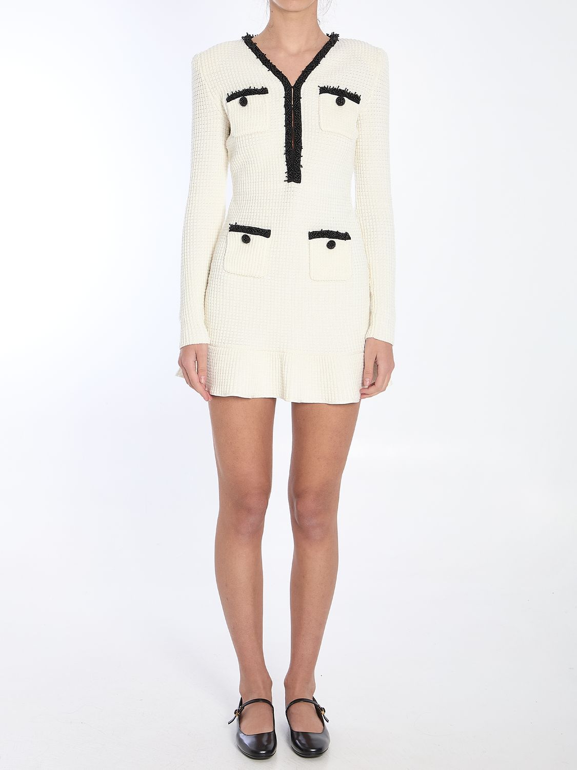 SELF-PORTRAIT Elegant Knit Mini Dress with Pearl Accents - Regular Fit