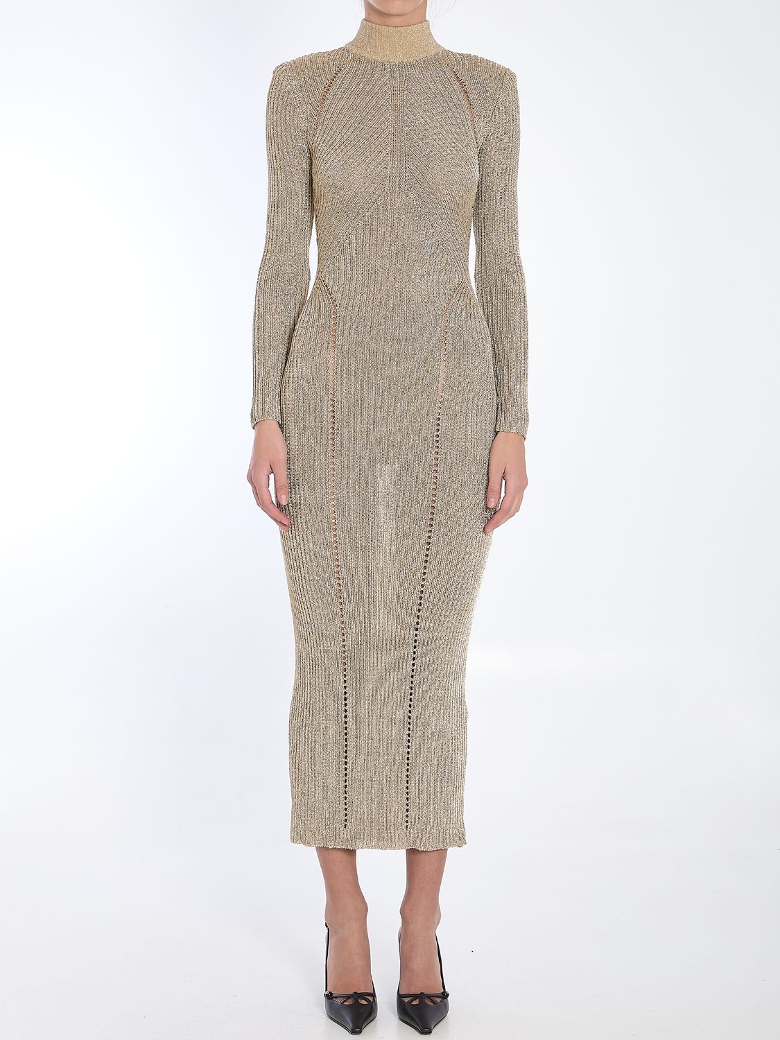 SELF-PORTRAIT Long-Sleeved Knit Maxi Dress with High Neck and Punched Seams - Size S