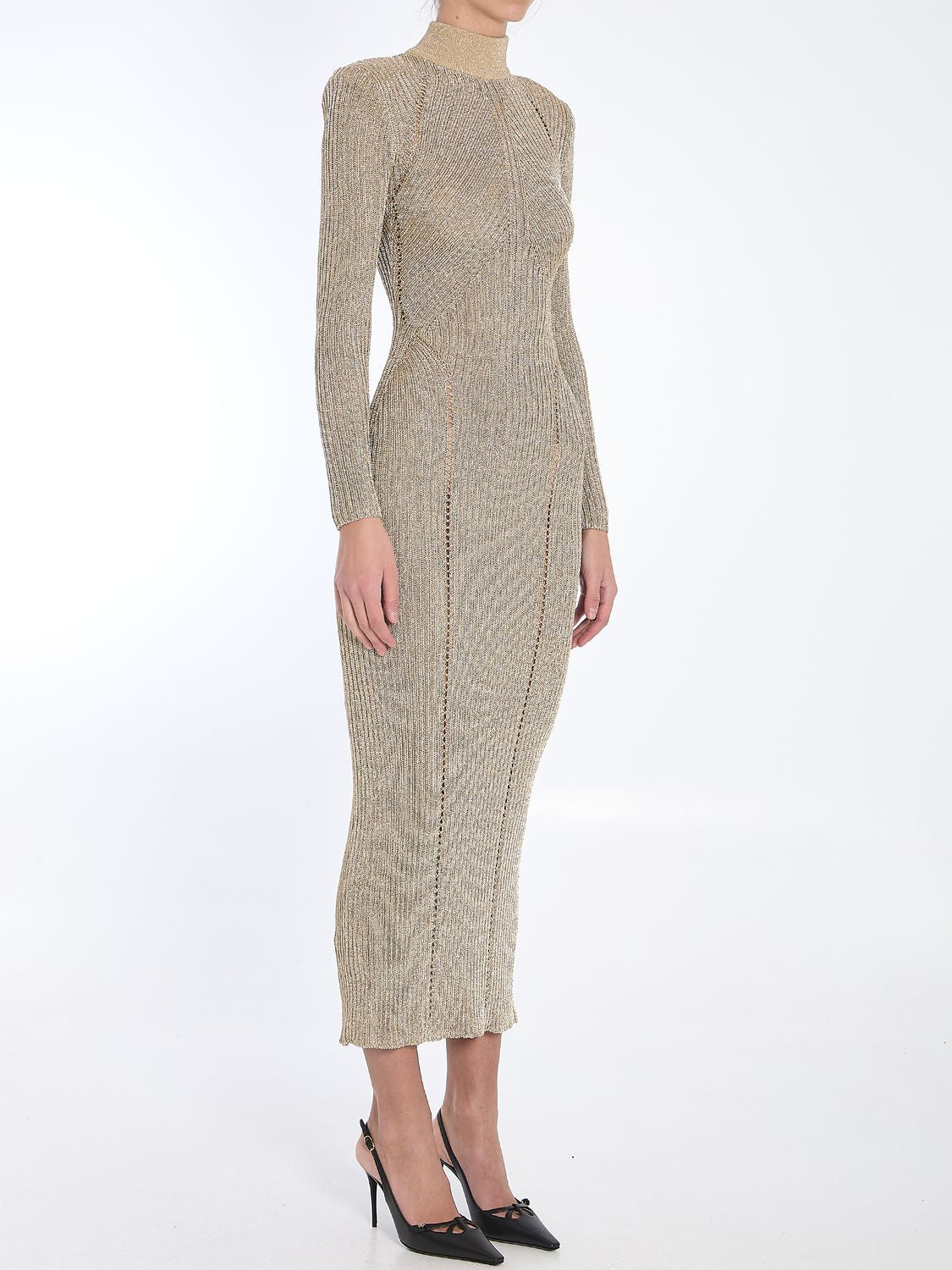 SELF-PORTRAIT Long-Sleeved Knit Maxi Dress with High Neck and Punched Seams - Size S
