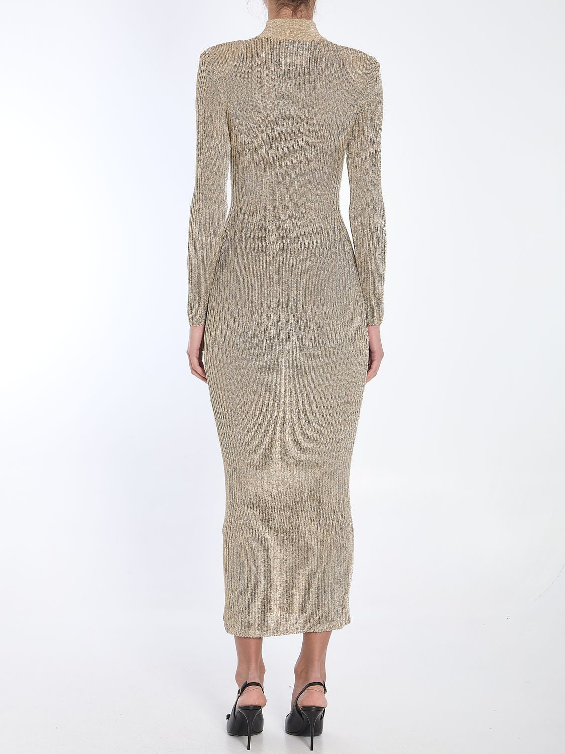 SELF-PORTRAIT Long-Sleeved Knit Maxi Dress with High Neck and Punched Seams - Size S