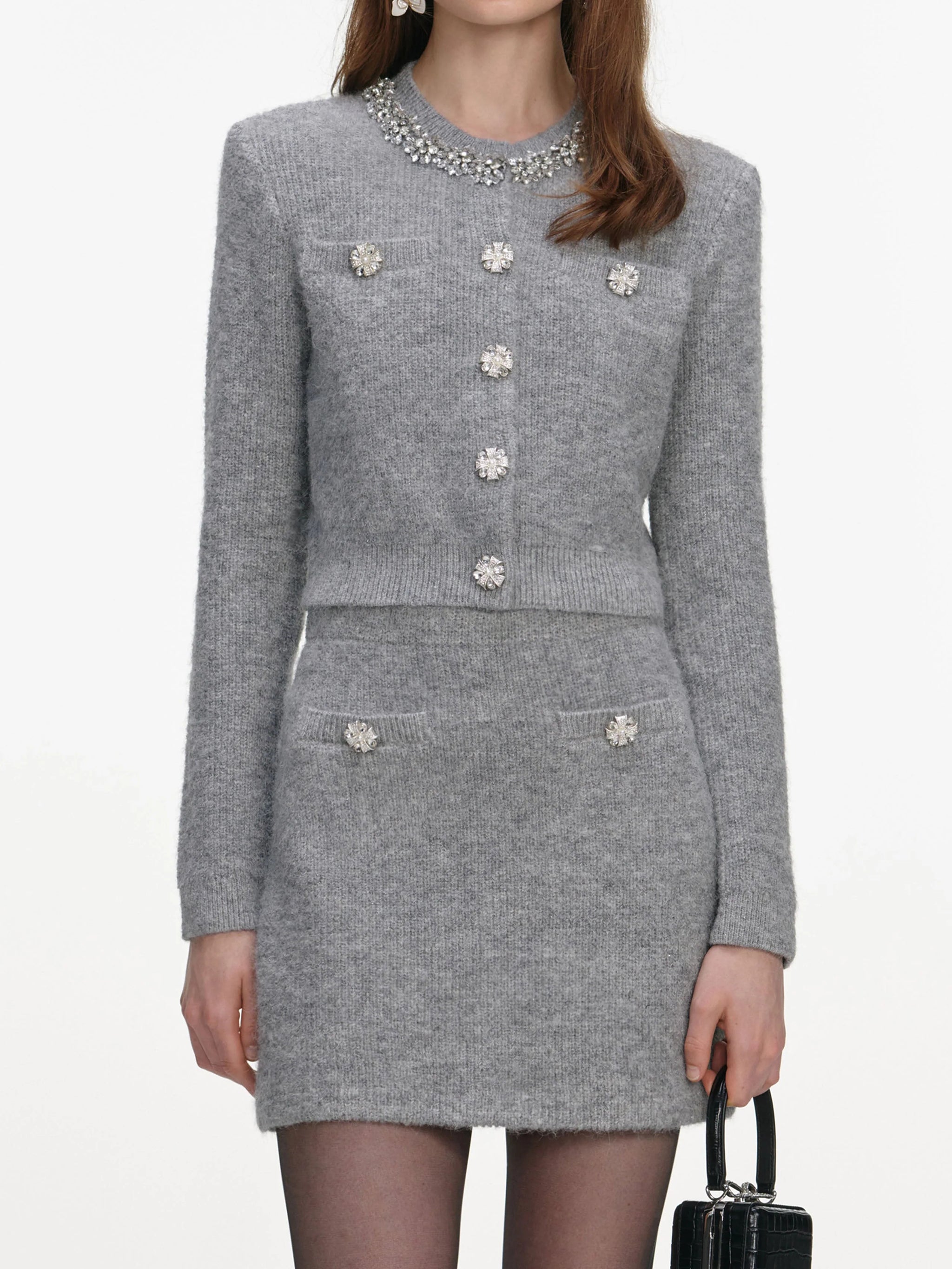 SELF-PORTRAIT Fluffy Knit Mini Skirt with Jewel Buttons