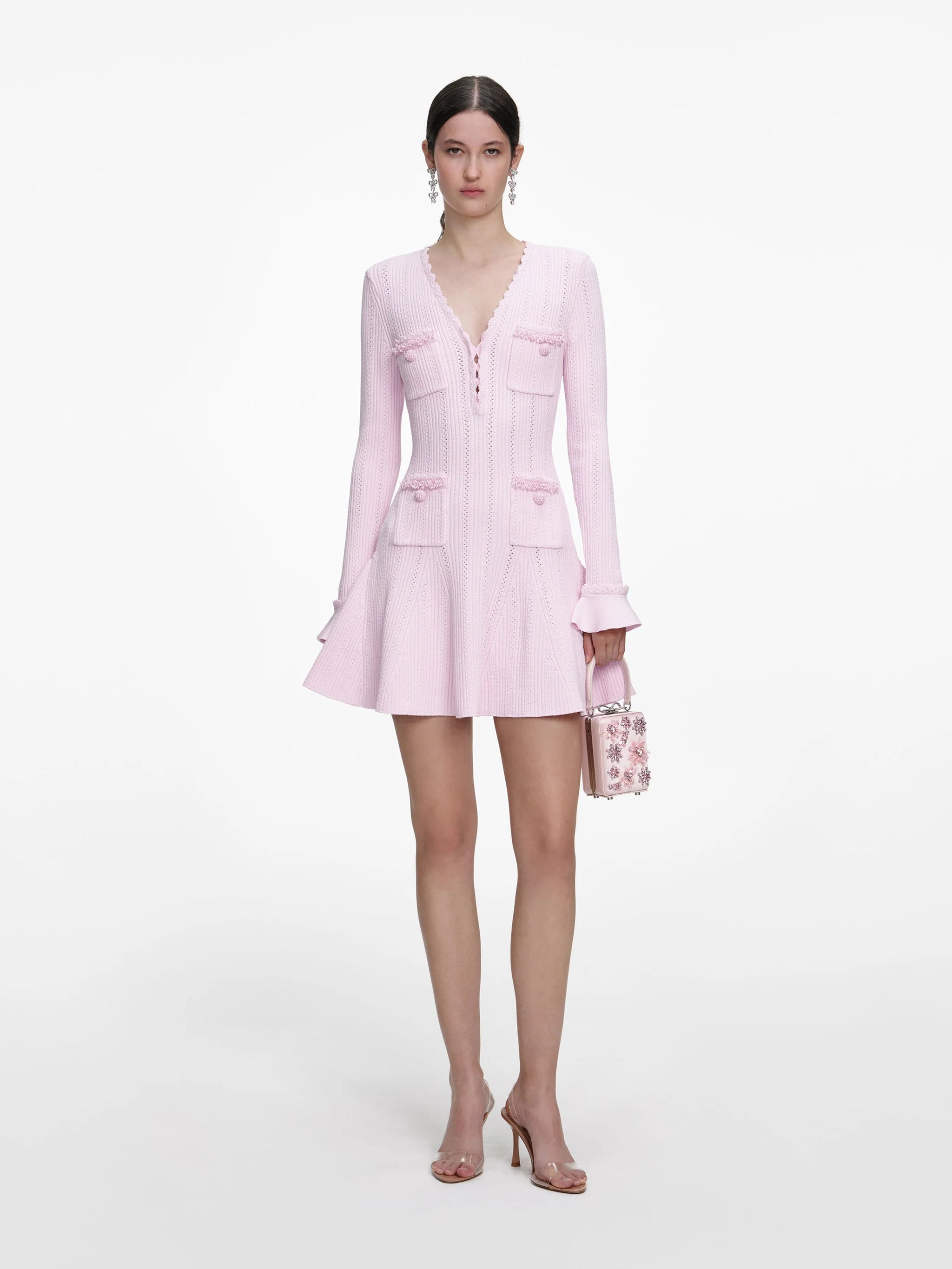 SELF-PORTRAIT Chic Long-Sleeved Mini Dress with Pearl Trim