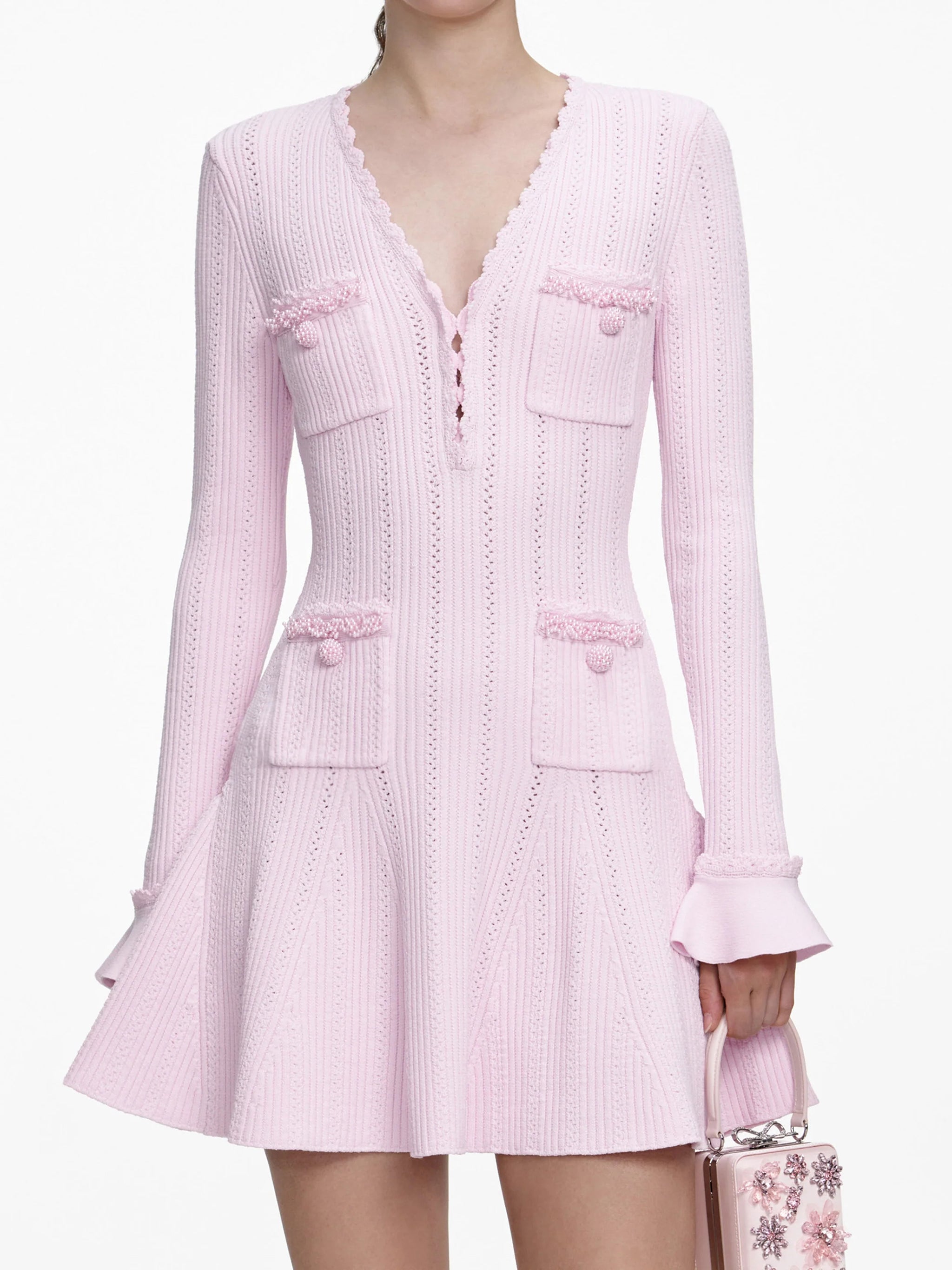 SELF-PORTRAIT Chic Long-Sleeved Mini Dress with Pearl Trim