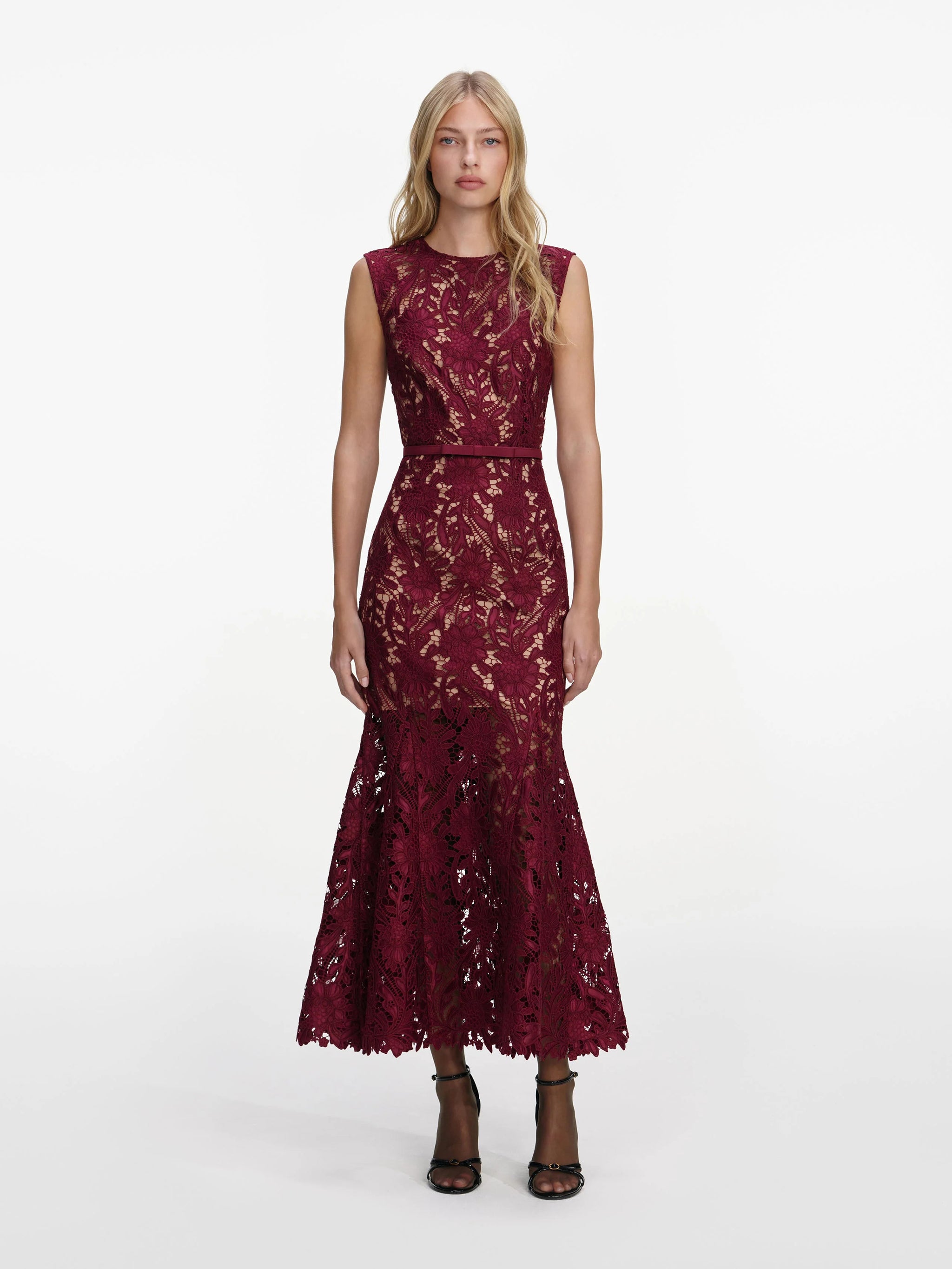 SELF-PORTRAIT Guipure Lace Midi Dress with Removable Belt