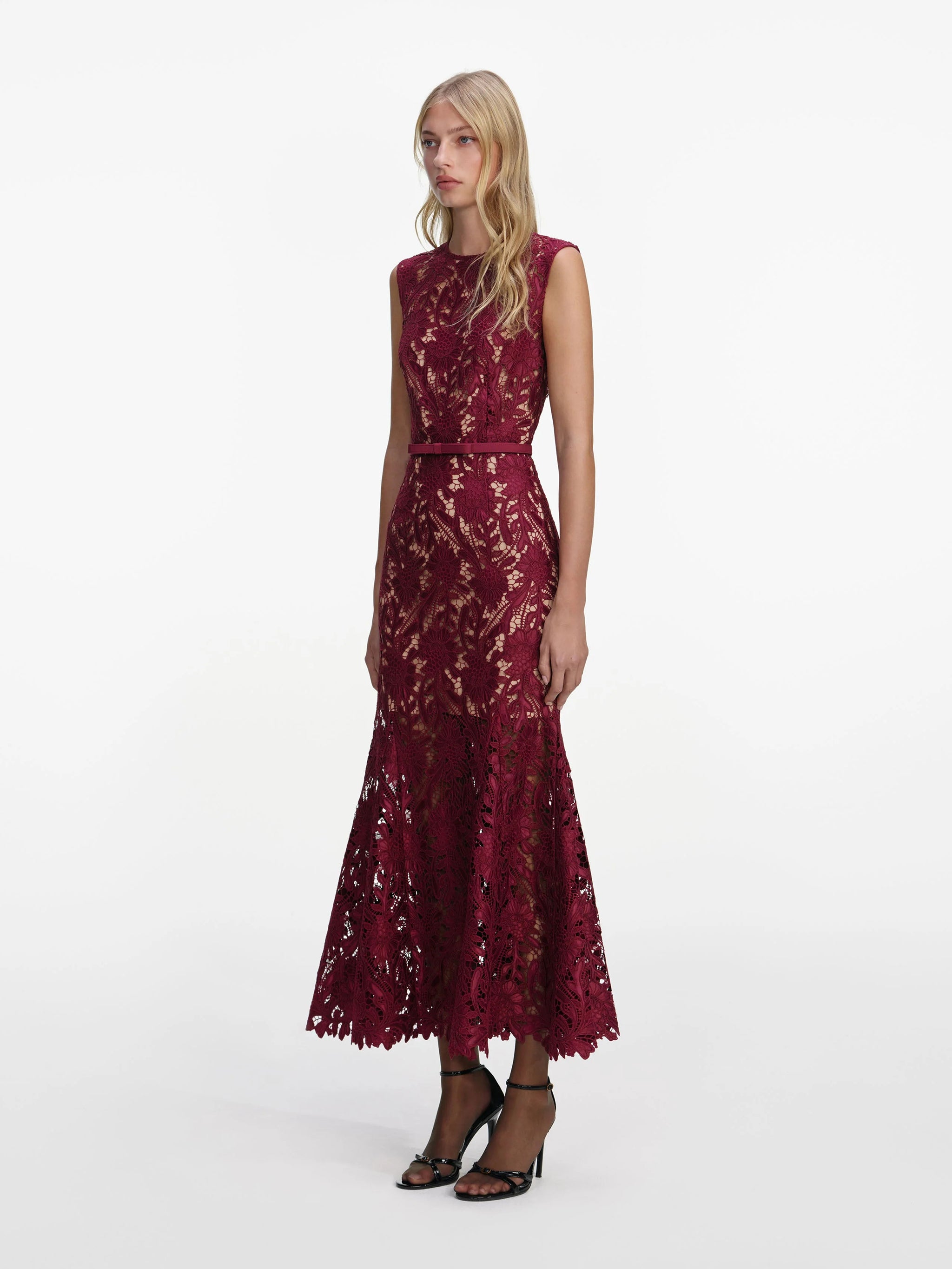 SELF-PORTRAIT Guipure Lace Midi Dress with Removable Belt
