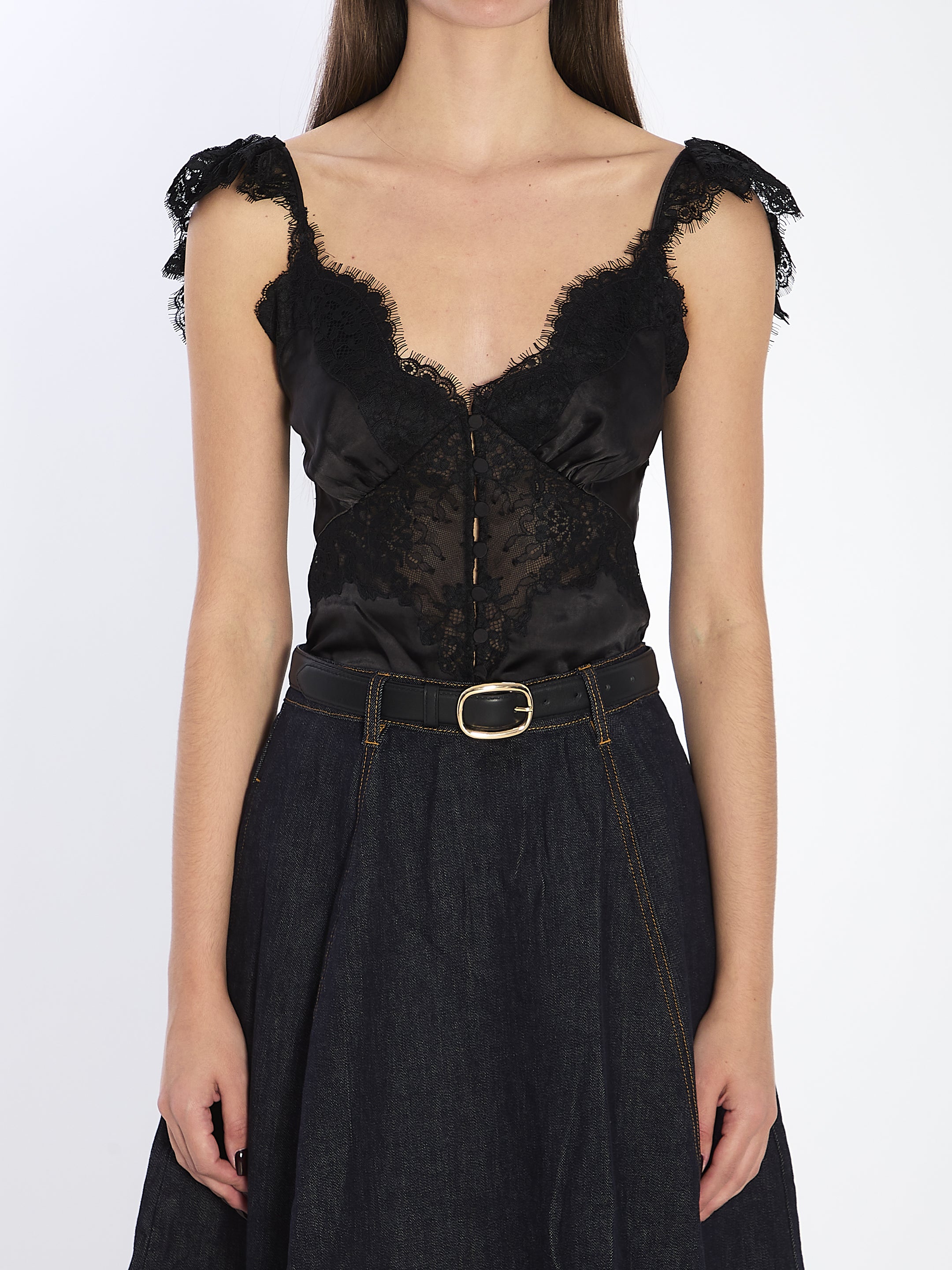 SELF-PORTRAIT Cropped Satin Lace Top with Sweetheart Neckline
