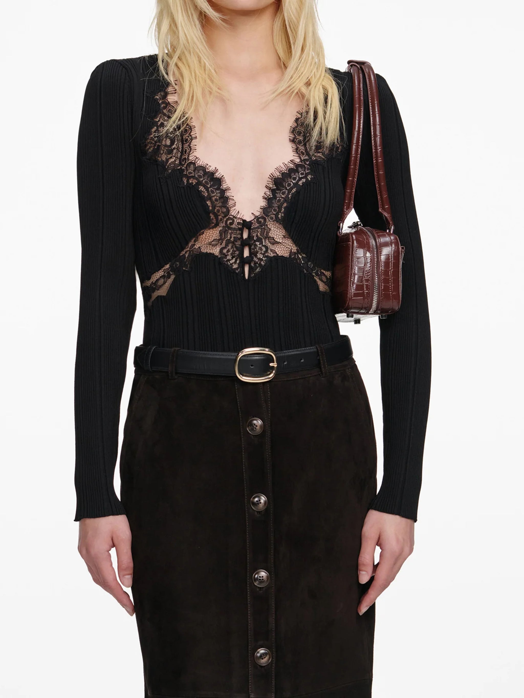 SELF-PORTRAIT Lace Knit Top with Plunge Neckline - Size S