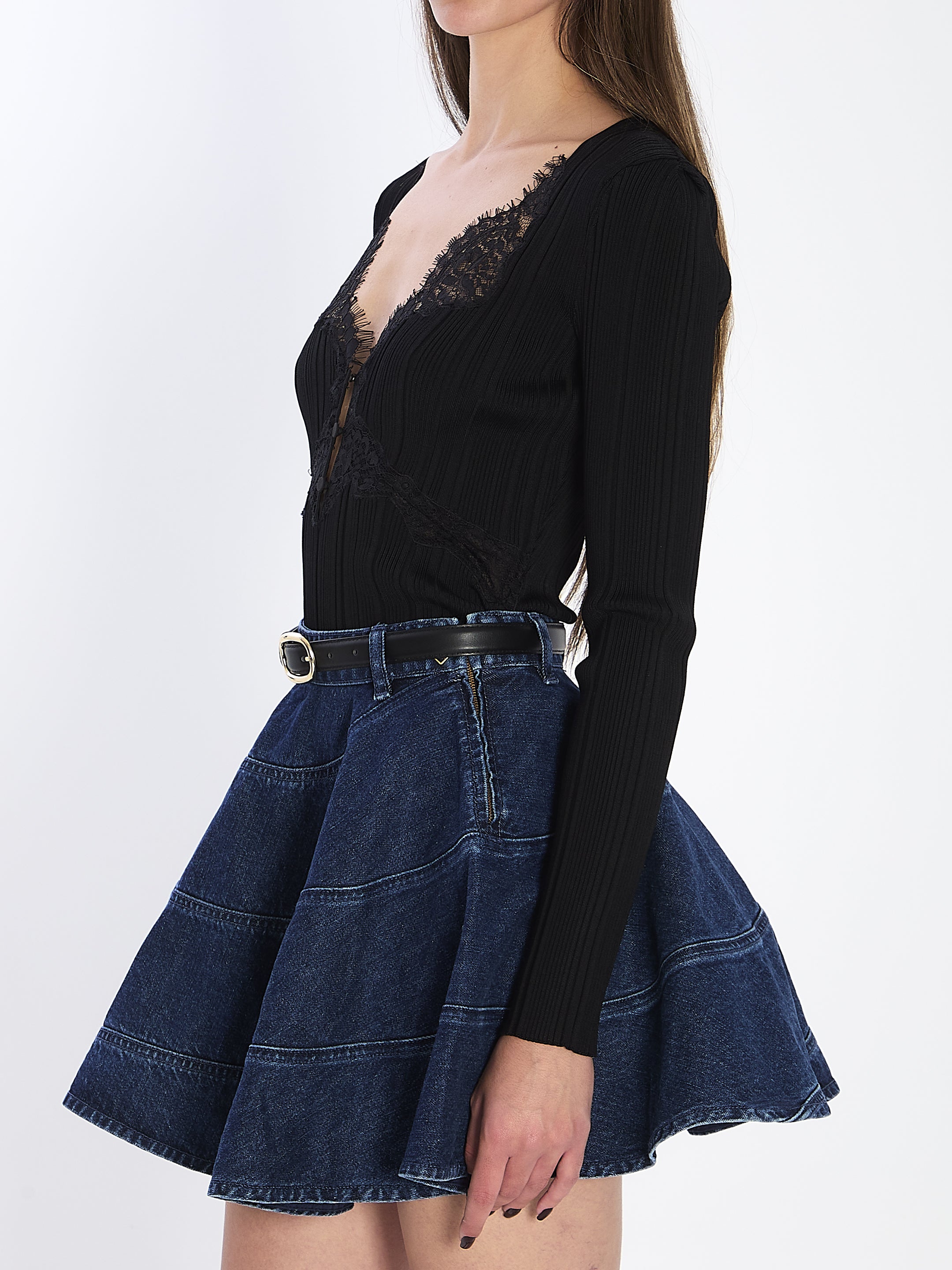 SELF-PORTRAIT Elegant Long-Sleeve Knit Top with Lace Details - Size S