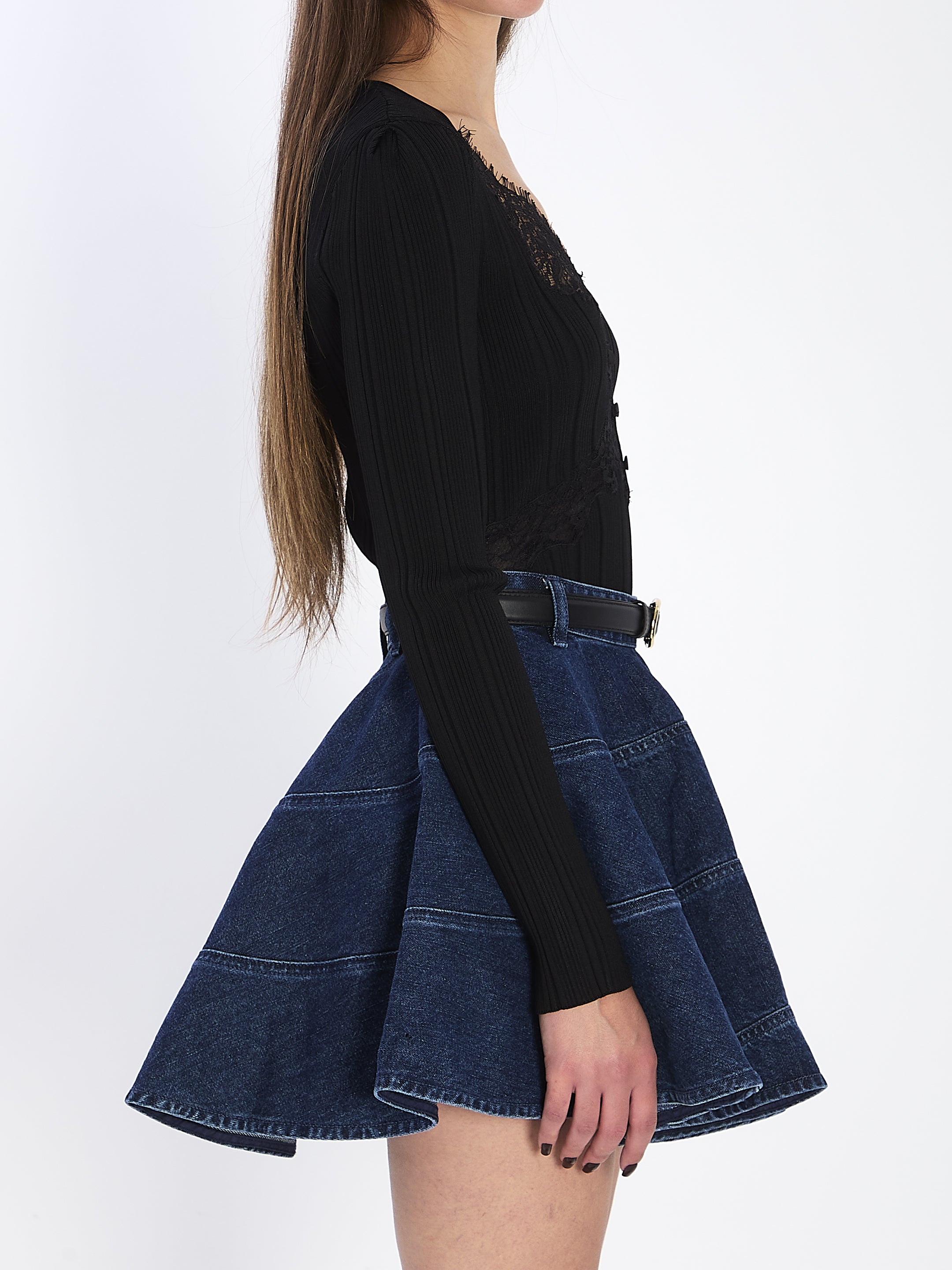 SELF-PORTRAIT Elegant Long-Sleeve Knit Top with Lace Details - Size S