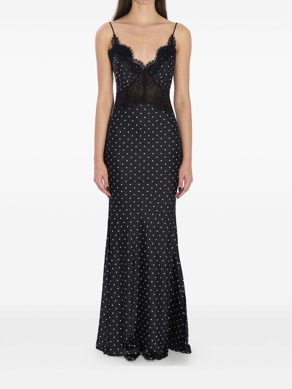 SELF-PORTRAIT Polka Dot Long Dress with Lace Detail