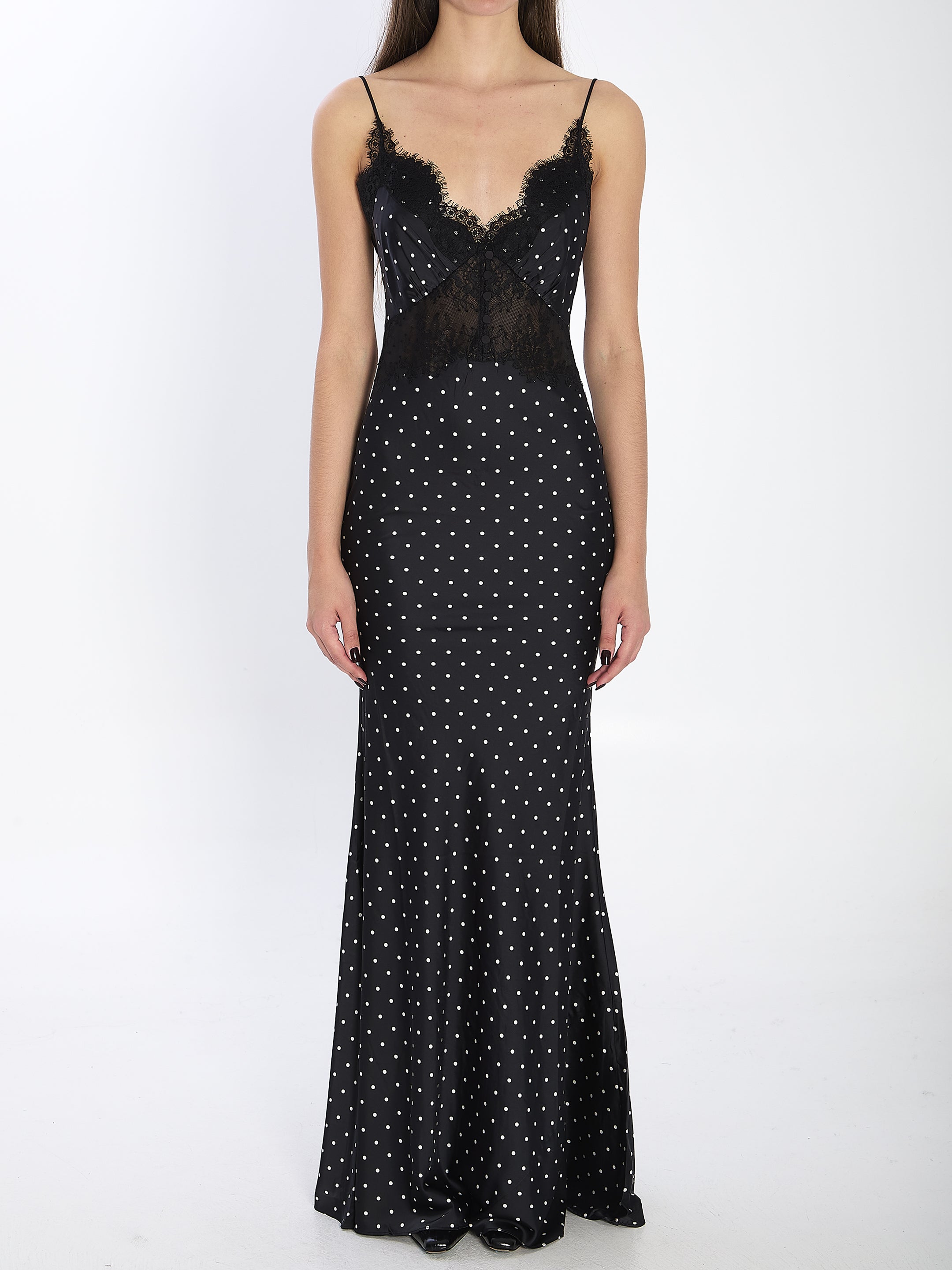 SELF-PORTRAIT Polka Dot Satin Lace Maxi Dress