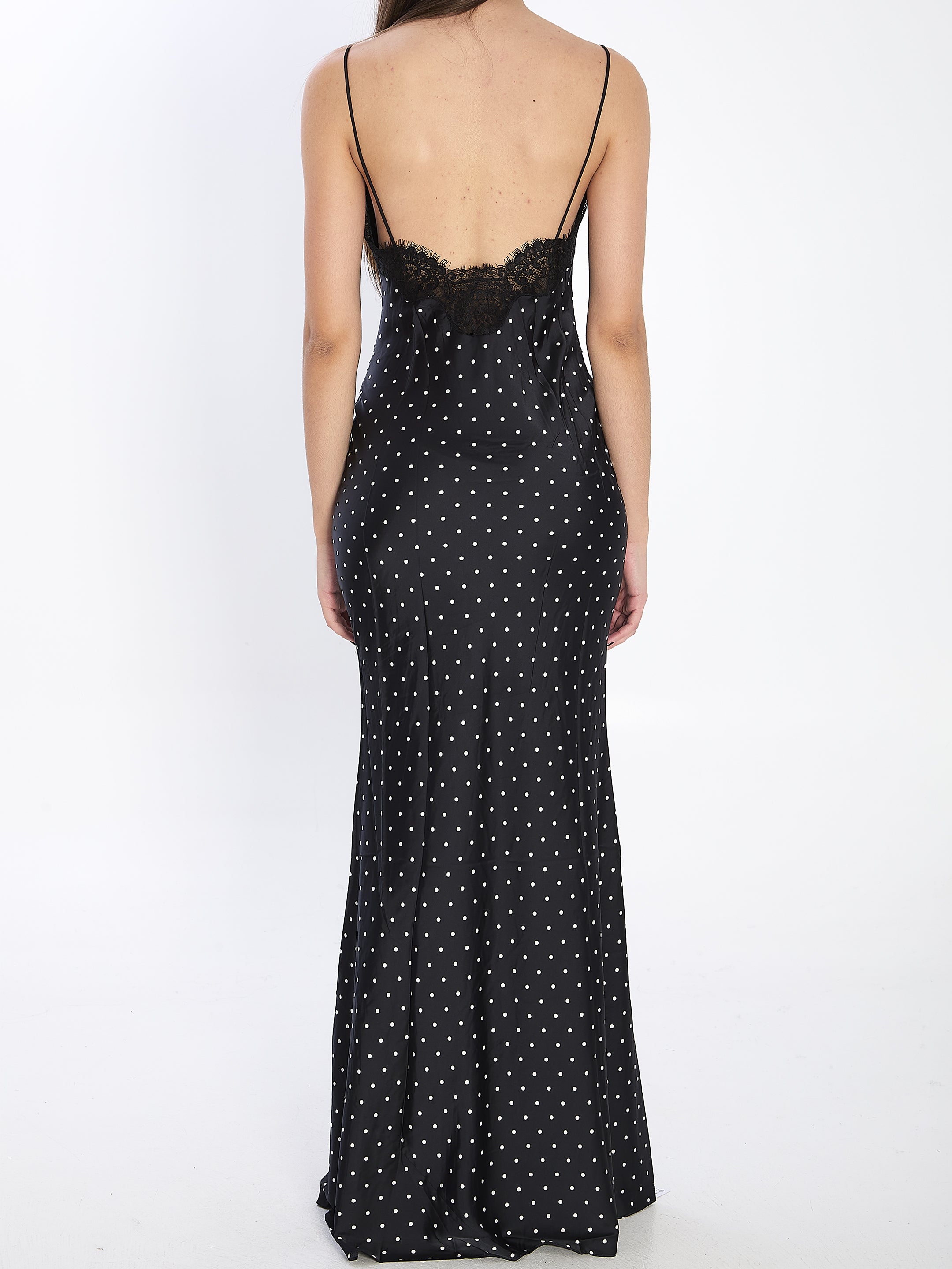 SELF-PORTRAIT Polka Dot Satin Lace Maxi Dress