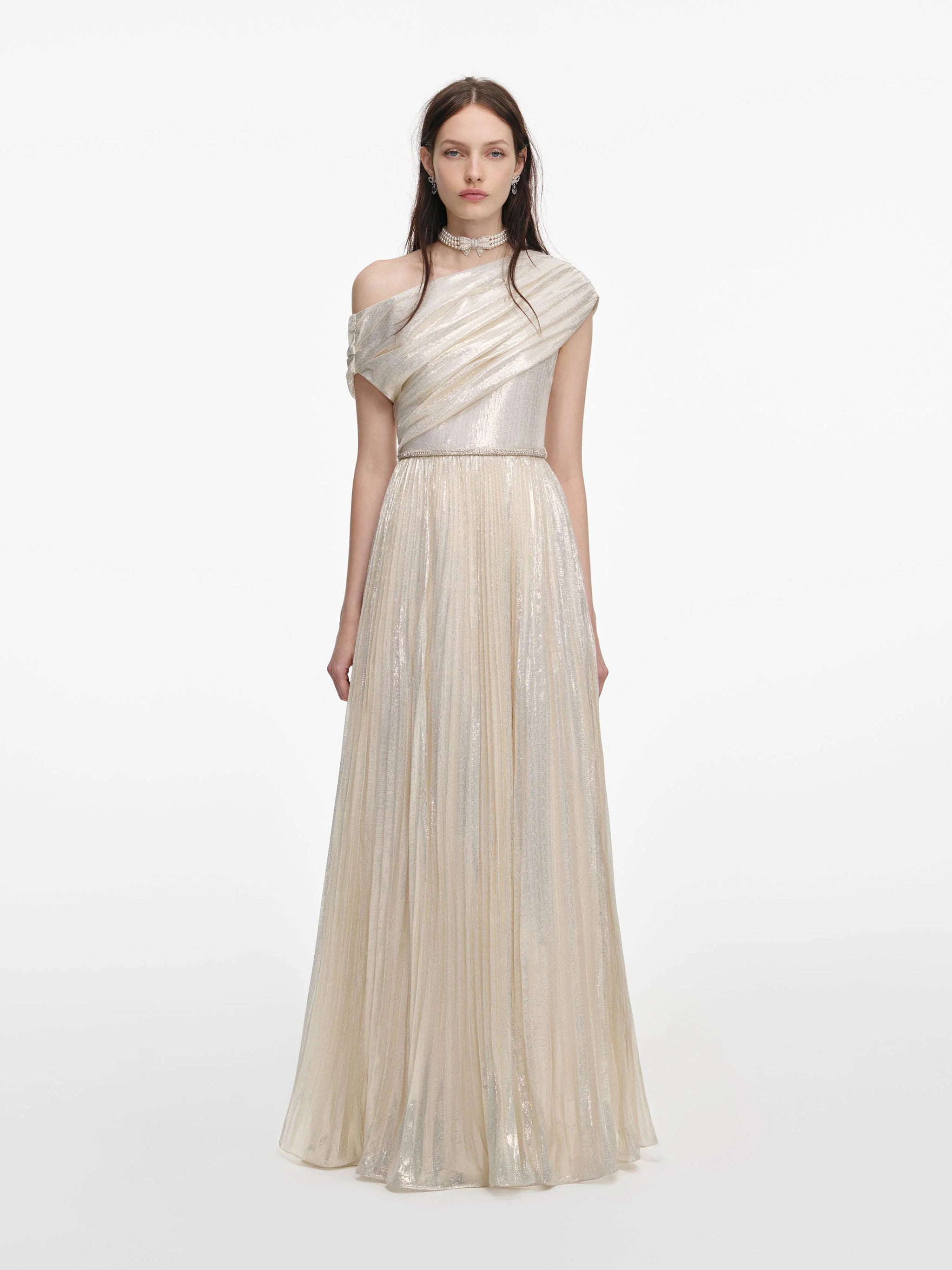 SELF-PORTRAIT Asymmetrical Off-the-Shoulder Long Draped Dress (Size 6)